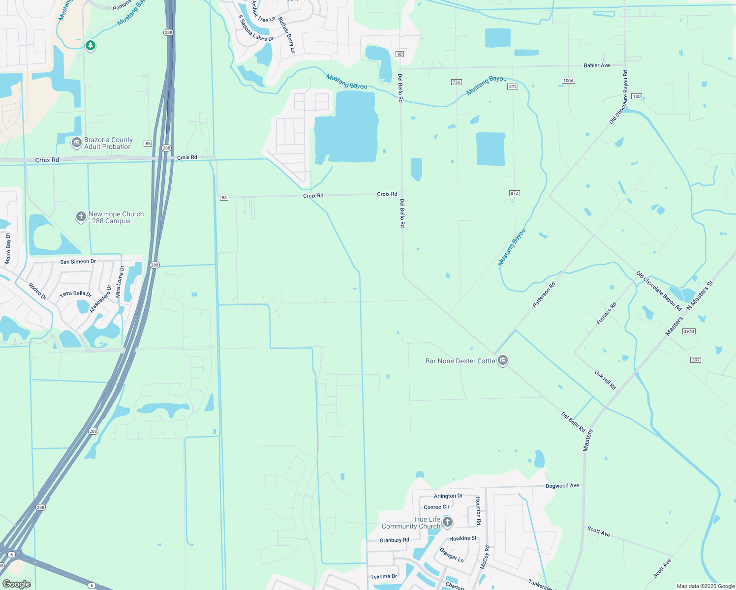 map of restaurants, bars, coffee shops, grocery stores, and more near 6003 Del Bello Lane in Manvel