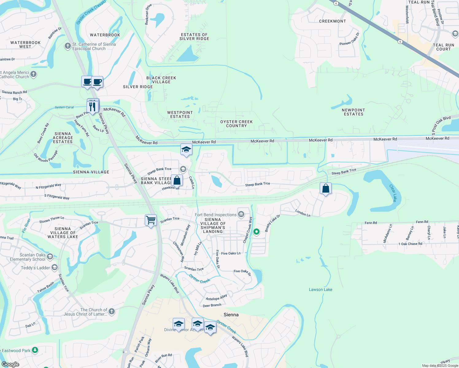 map of restaurants, bars, coffee shops, grocery stores, and more near 10531 Village Lake Drive in Missouri City