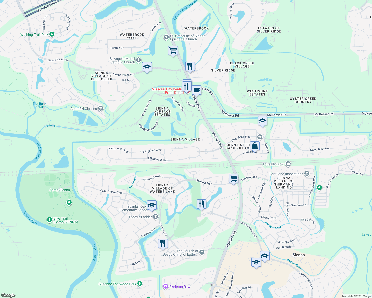 map of restaurants, bars, coffee shops, grocery stores, and more near 3911 Gallaher Ct in Missouri City