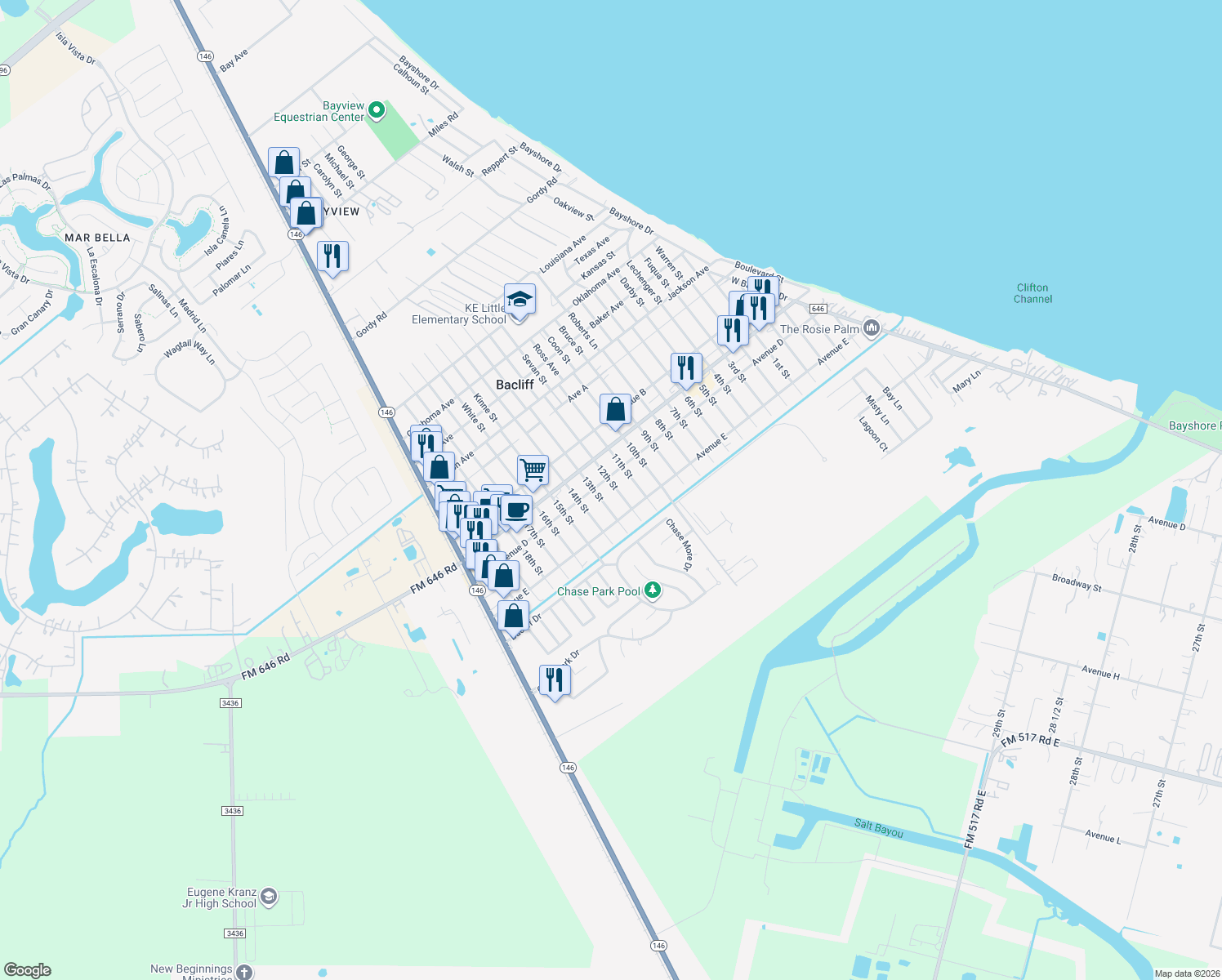 map of restaurants, bars, coffee shops, grocery stores, and more near 4712 12th Street in Bacliff