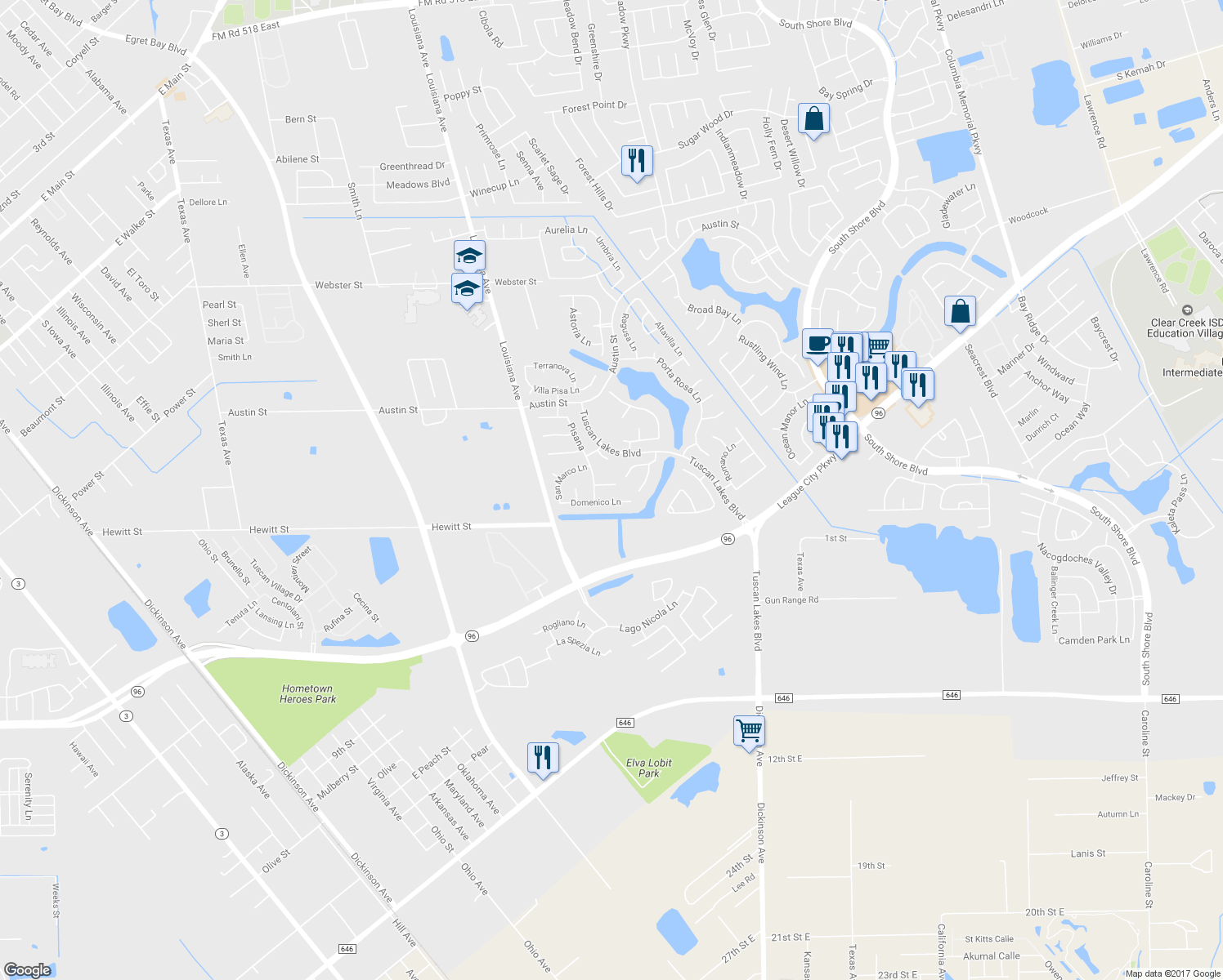 map of restaurants, bars, coffee shops, grocery stores, and more near 2729 Palermo Court in League City