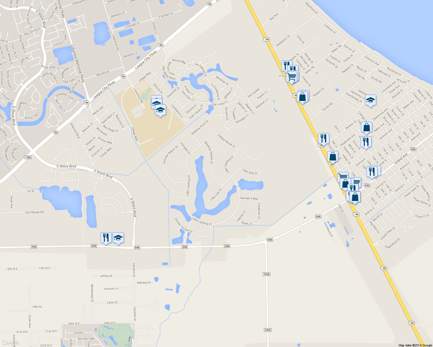 map of restaurants, bars, coffee shops, grocery stores, and more near 1864 Bending Stream Drive in League City