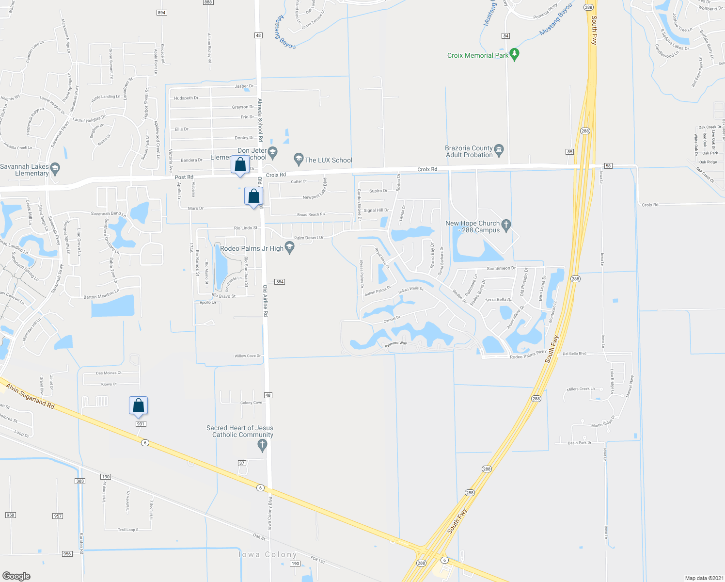 map of restaurants, bars, coffee shops, grocery stores, and more near 25 Alyssa Palms Drive in Manvel