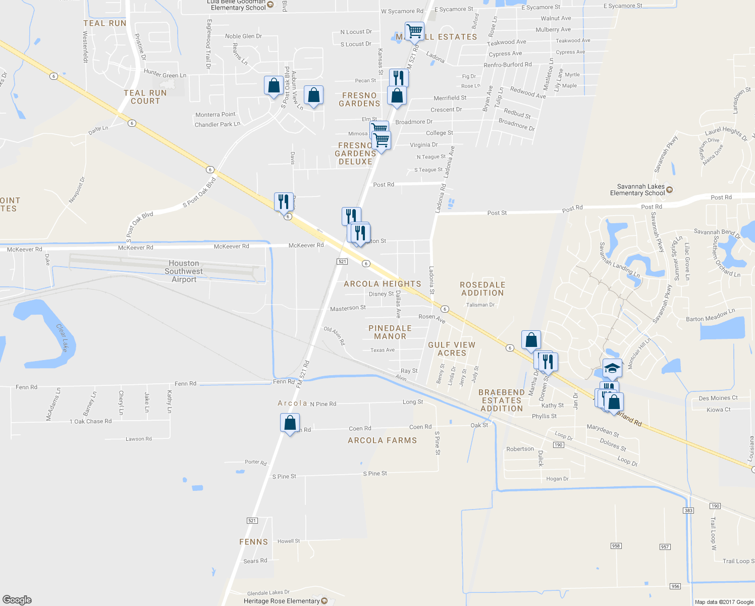 map of restaurants, bars, coffee shops, grocery stores, and more near 221 Masterson Street in Rosharon