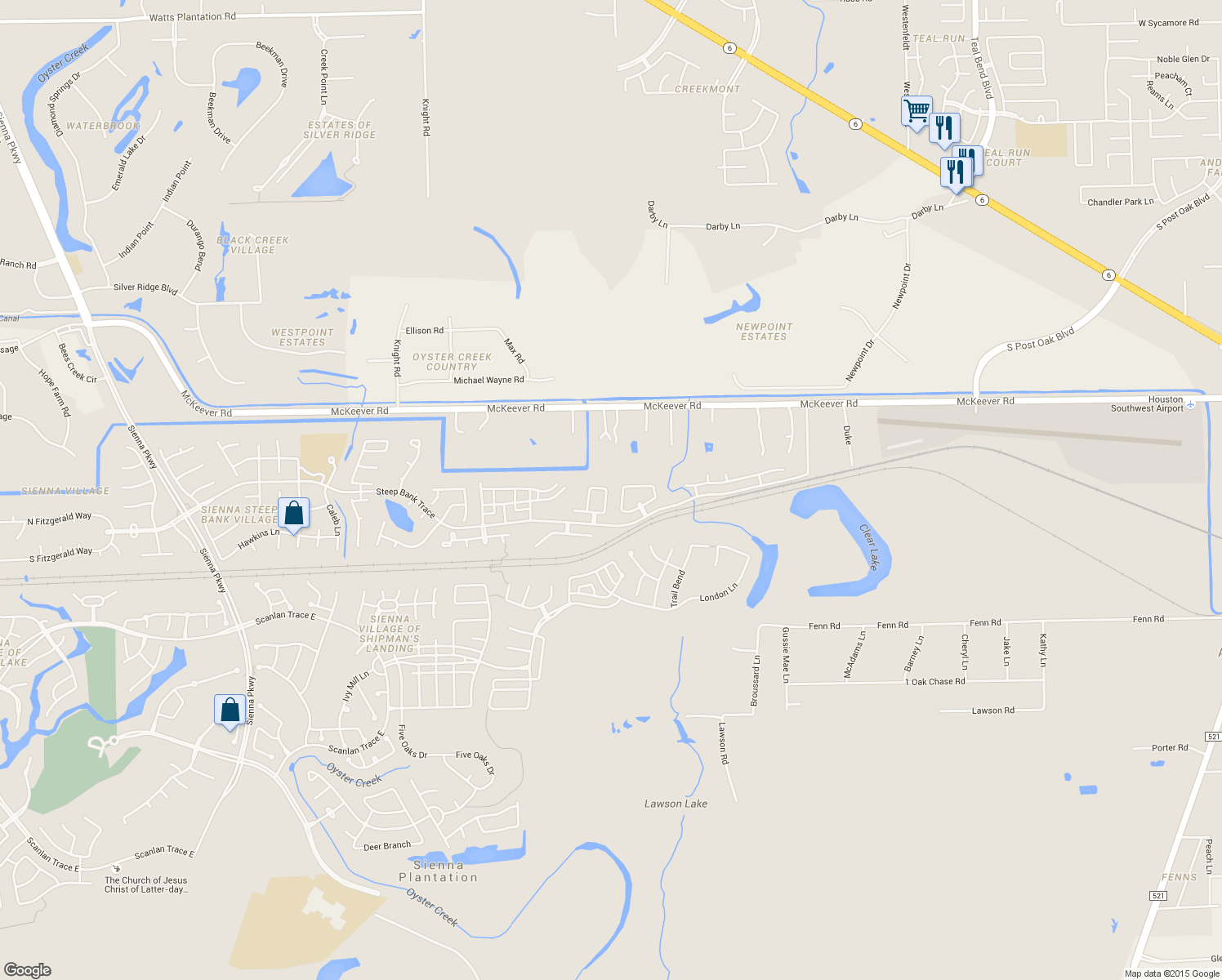 map of restaurants, bars, coffee shops, grocery stores, and more near 3930 Inglewood Cir in Missouri City