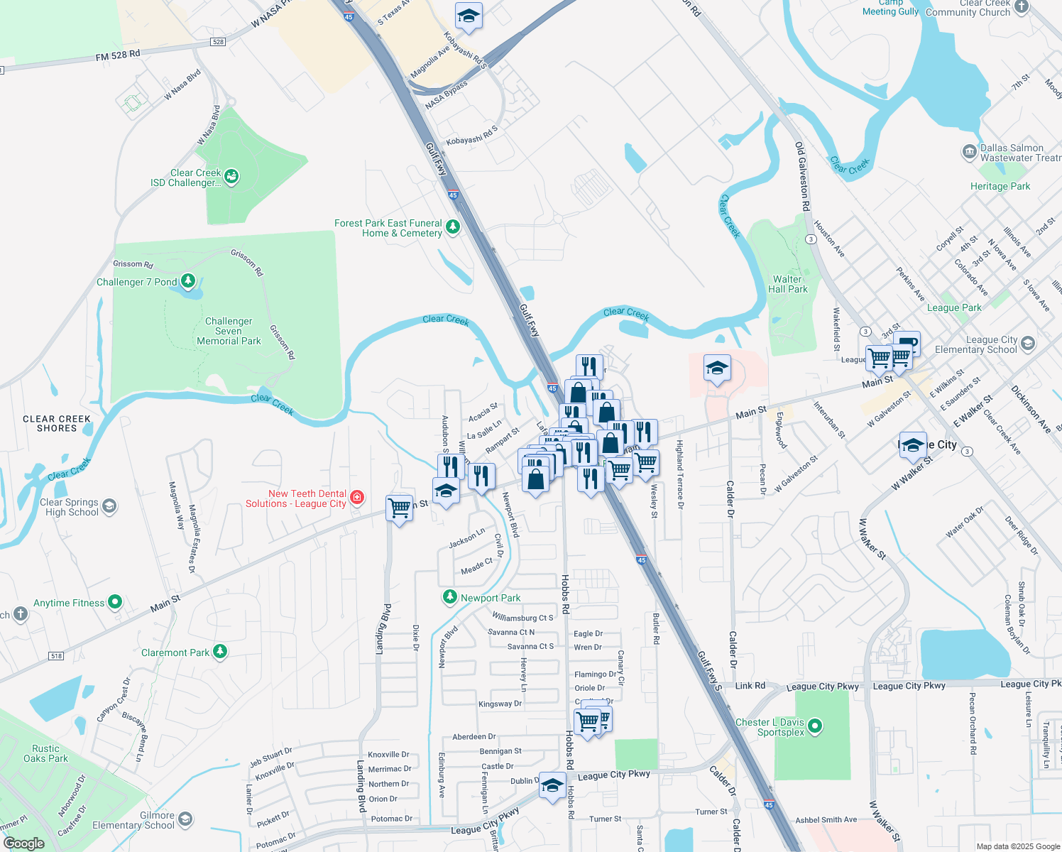 map of restaurants, bars, coffee shops, grocery stores, and more near 1803 Rampart St in League City