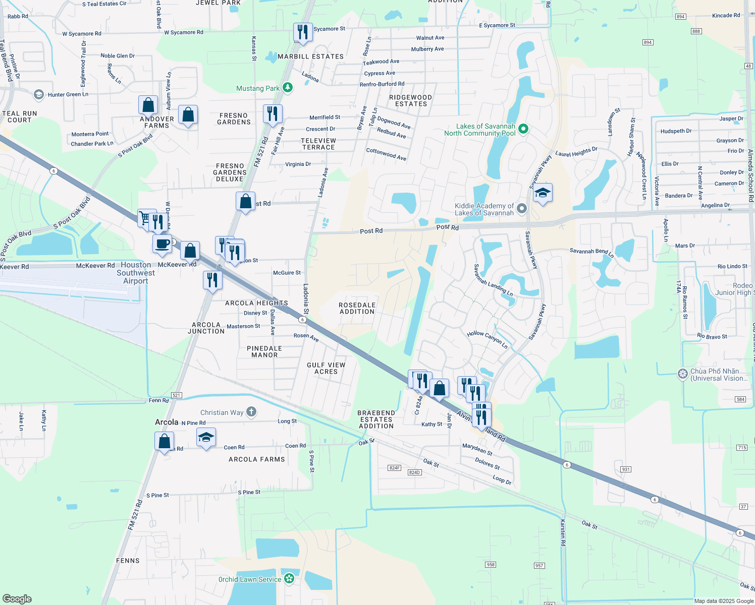 map of restaurants, bars, coffee shops, grocery stores, and more near 5406 Linda Dr in Rosharon