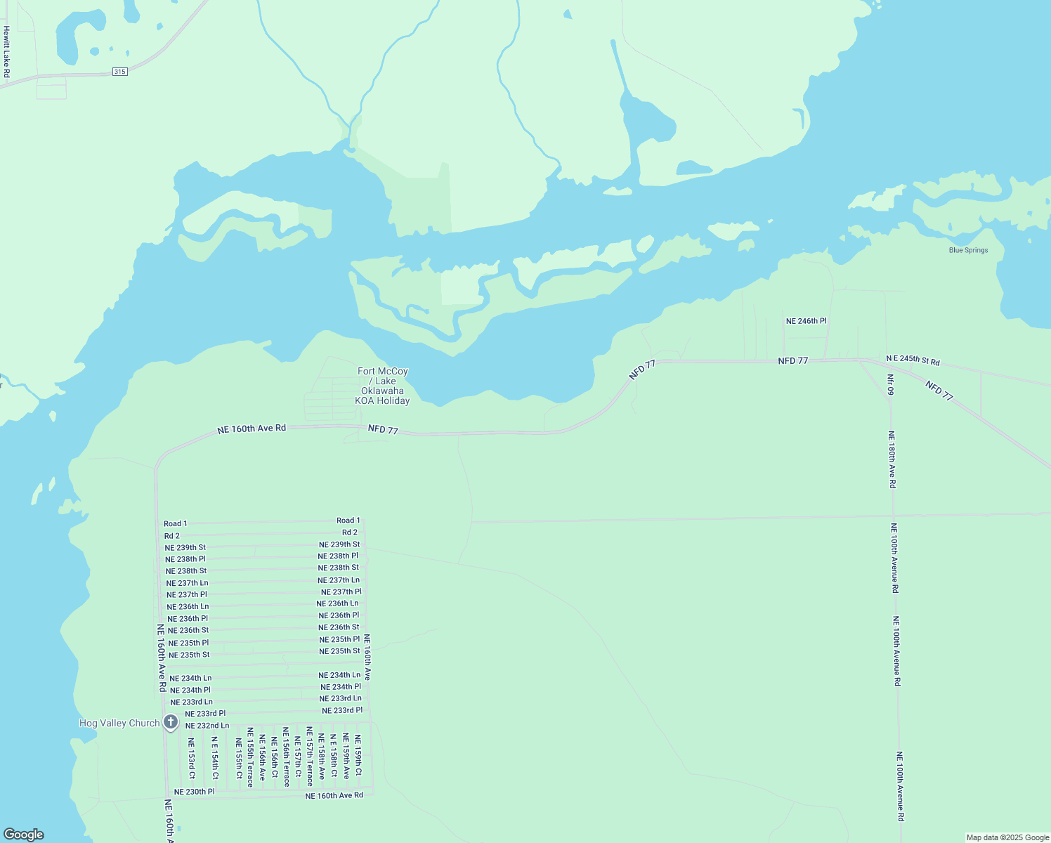 map of restaurants, bars, coffee shops, grocery stores, and more near 16599 Northeast 243rd Place Road in Fort McCoy