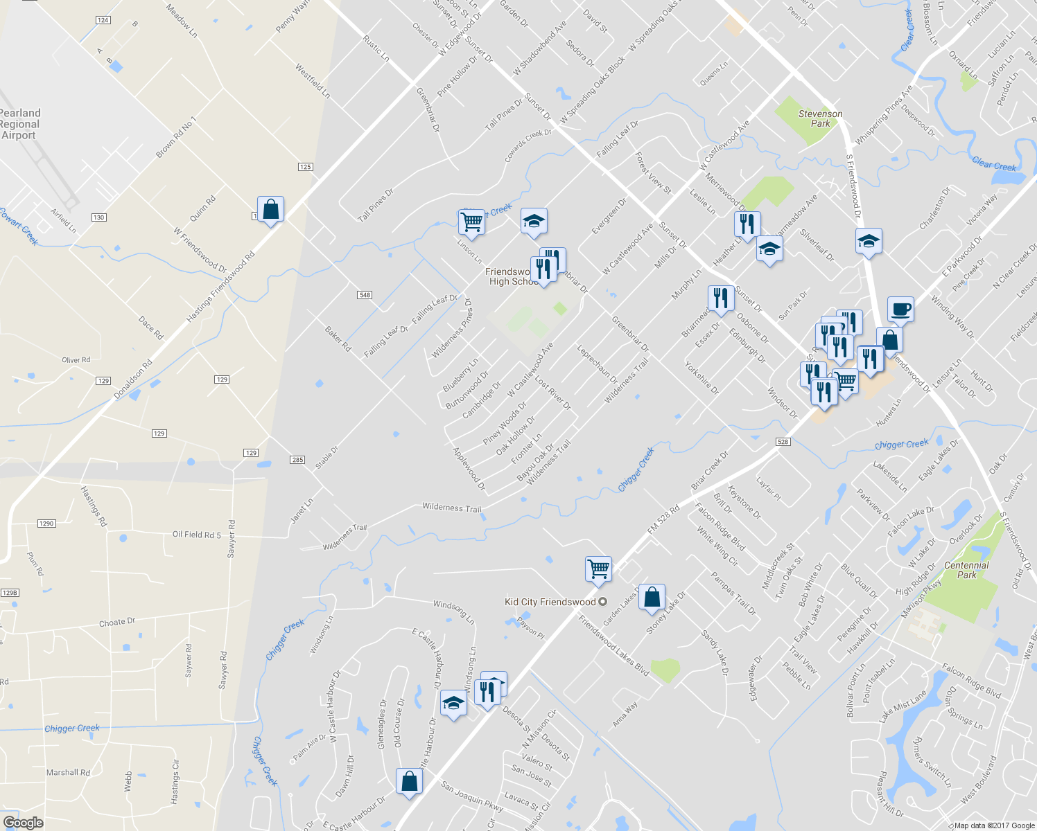 map of restaurants, bars, coffee shops, grocery stores, and more near 1308 Piney Woods Drive in Friendswood