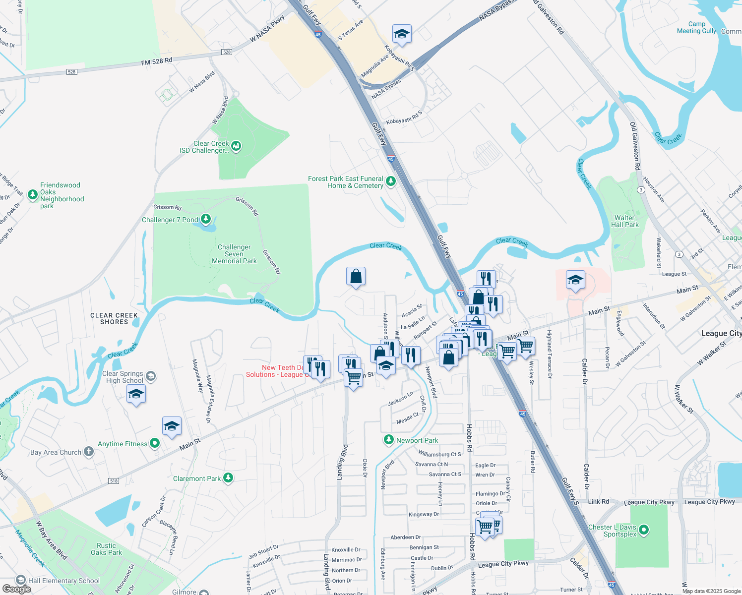 map of restaurants, bars, coffee shops, grocery stores, and more near 511 Chalmette Street in League City