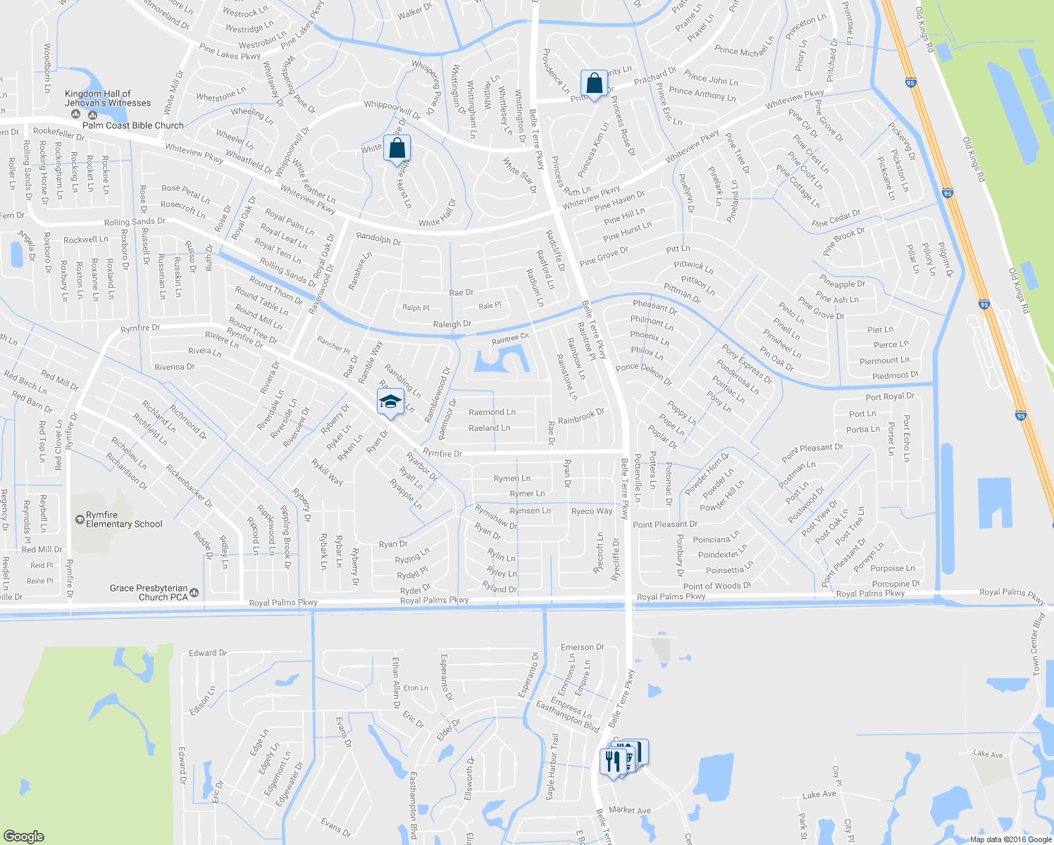 map of restaurants, bars, coffee shops, grocery stores, and more near 37 Raeland Lane in Palm Coast