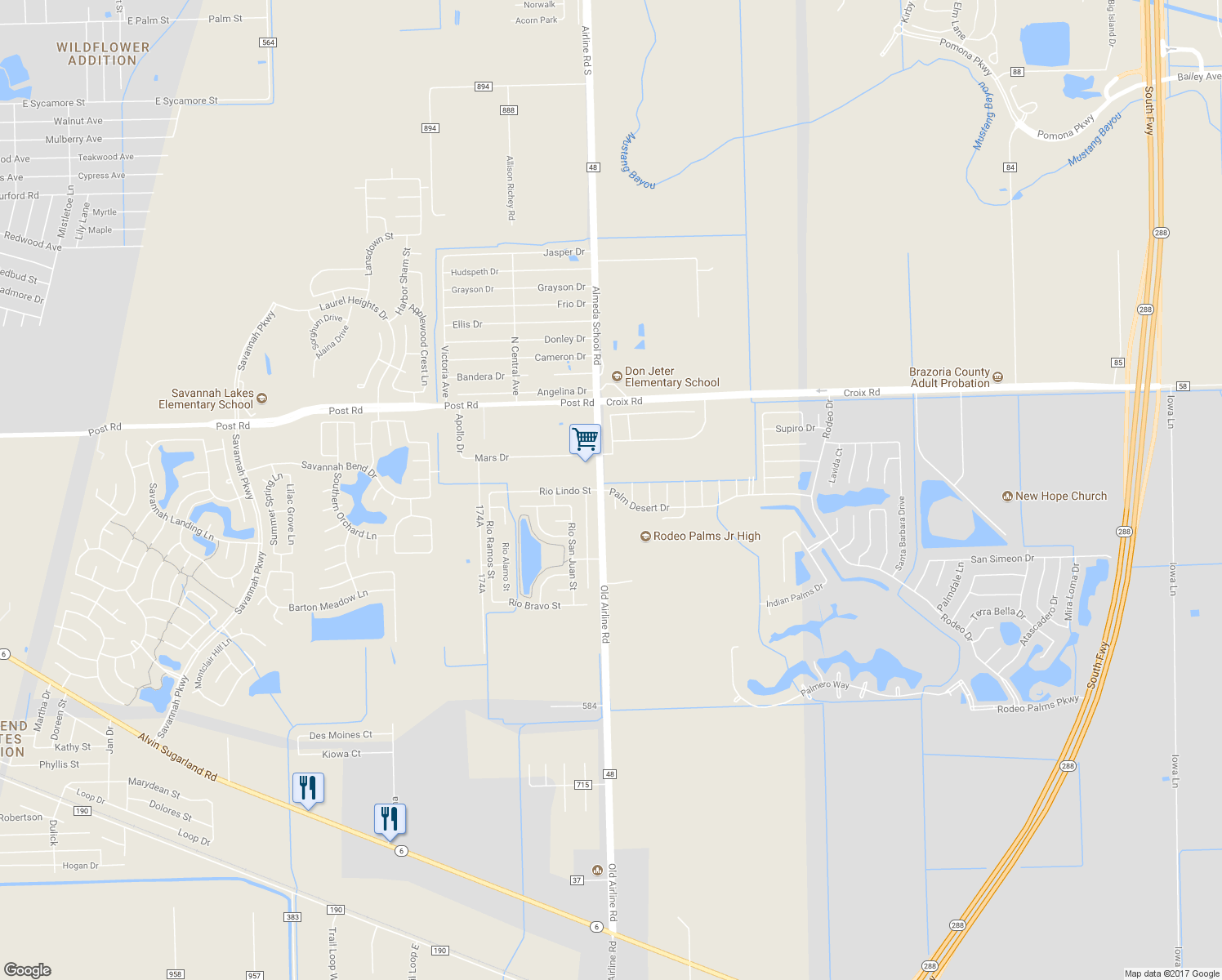 map of restaurants, bars, coffee shops, grocery stores, and more near 152 Palm Desert Drive in Manvel