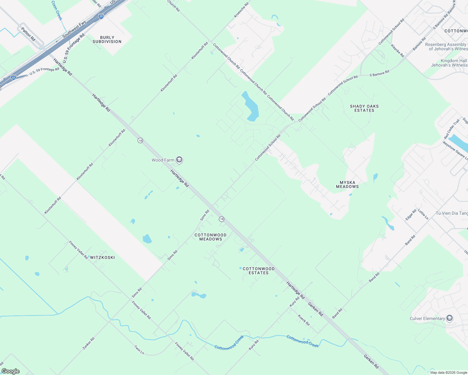 map of restaurants, bars, coffee shops, grocery stores, and more near 3723 Cottonwood School Road in Rosenberg