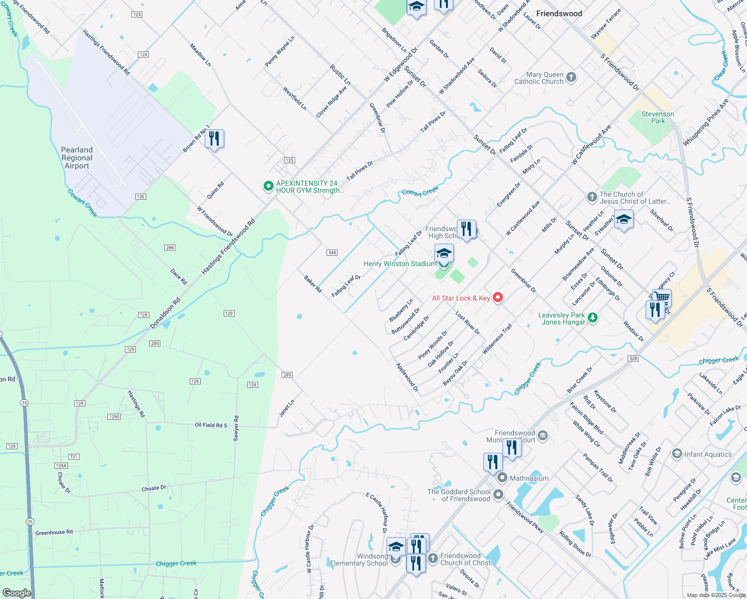 map of restaurants, bars, coffee shops, grocery stores, and more near 608 Pine Needle Dr in Friendswood