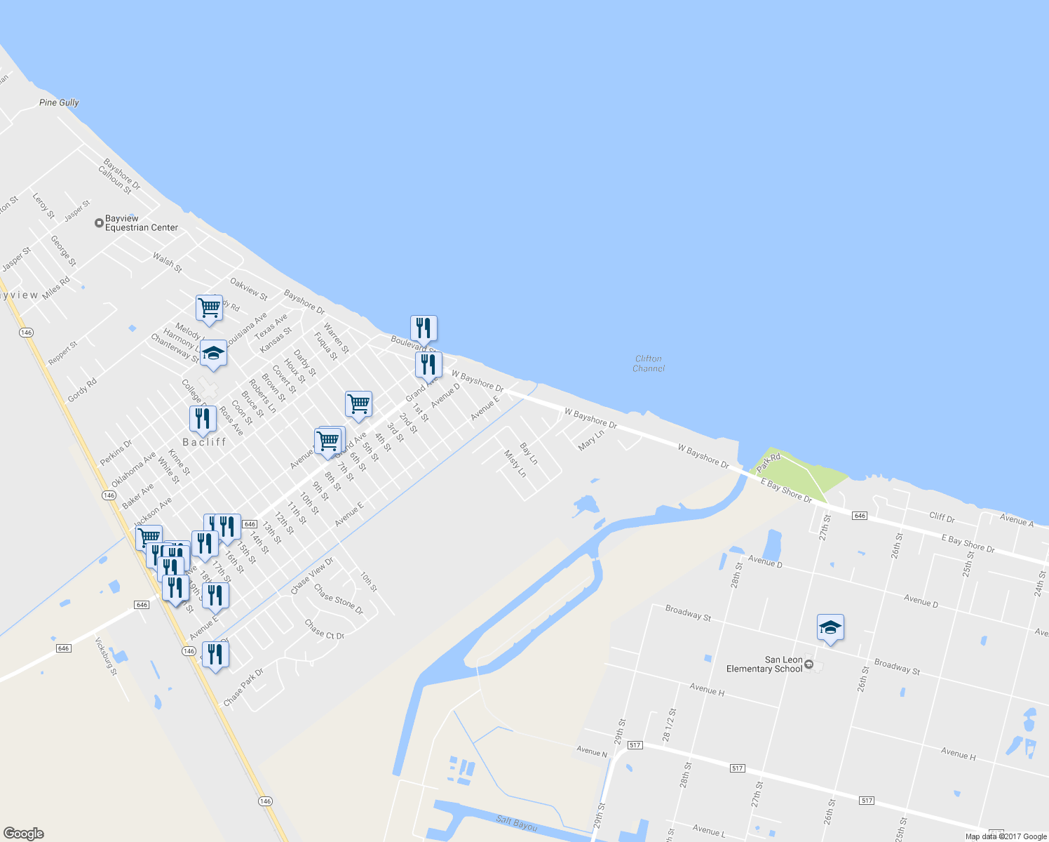 map of restaurants, bars, coffee shops, grocery stores, and more near 5023 Gulf Stream Lane in Bacliff