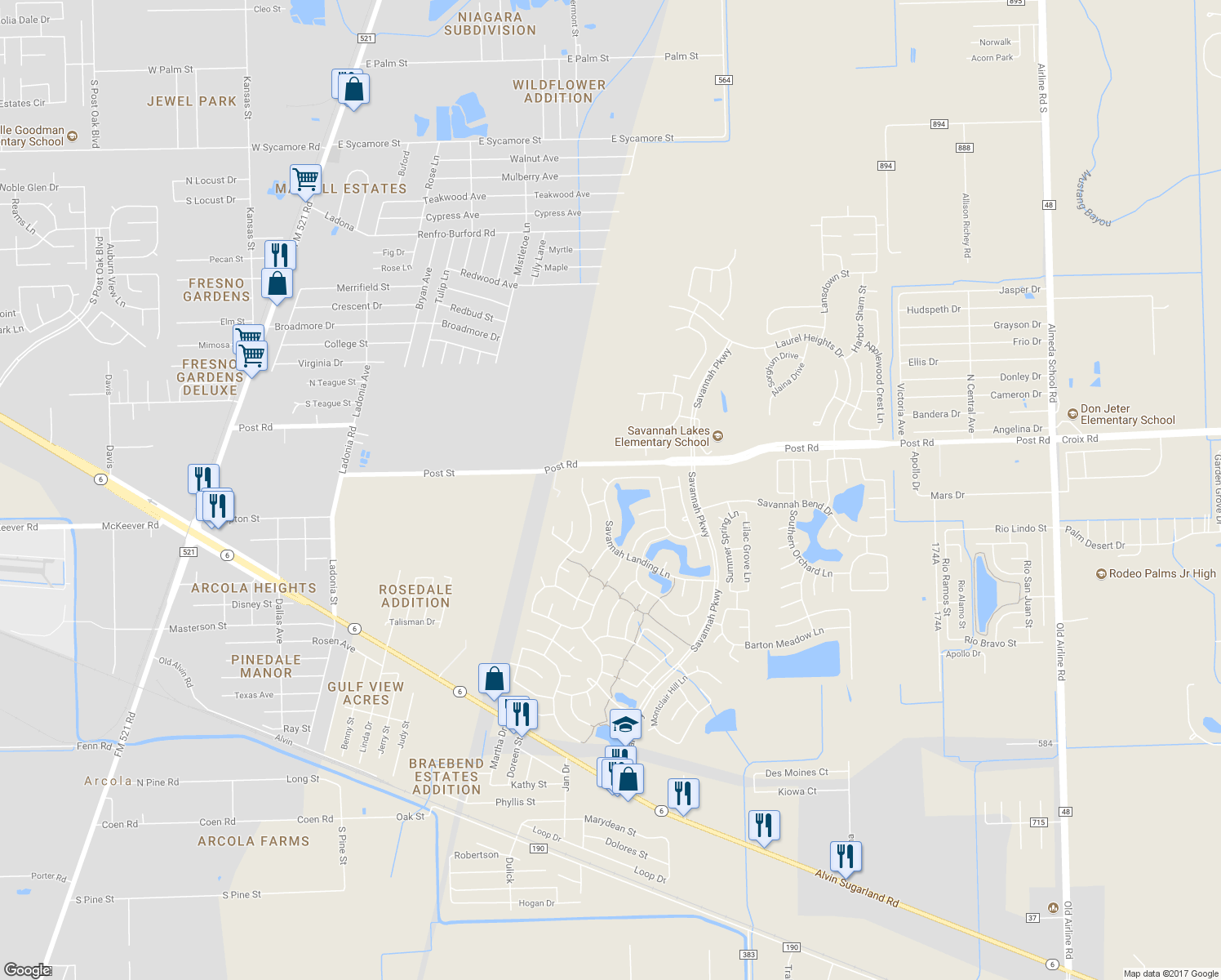 map of restaurants, bars, coffee shops, grocery stores, and more near 14017 Savannah Landing Lane in Rosharon