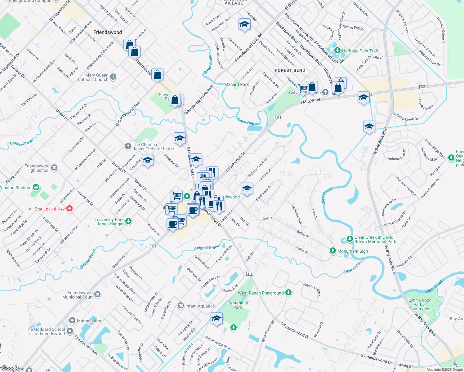 map of restaurants, bars, coffee shops, grocery stores, and more near 305 Parkwood Village Drive in Friendswood