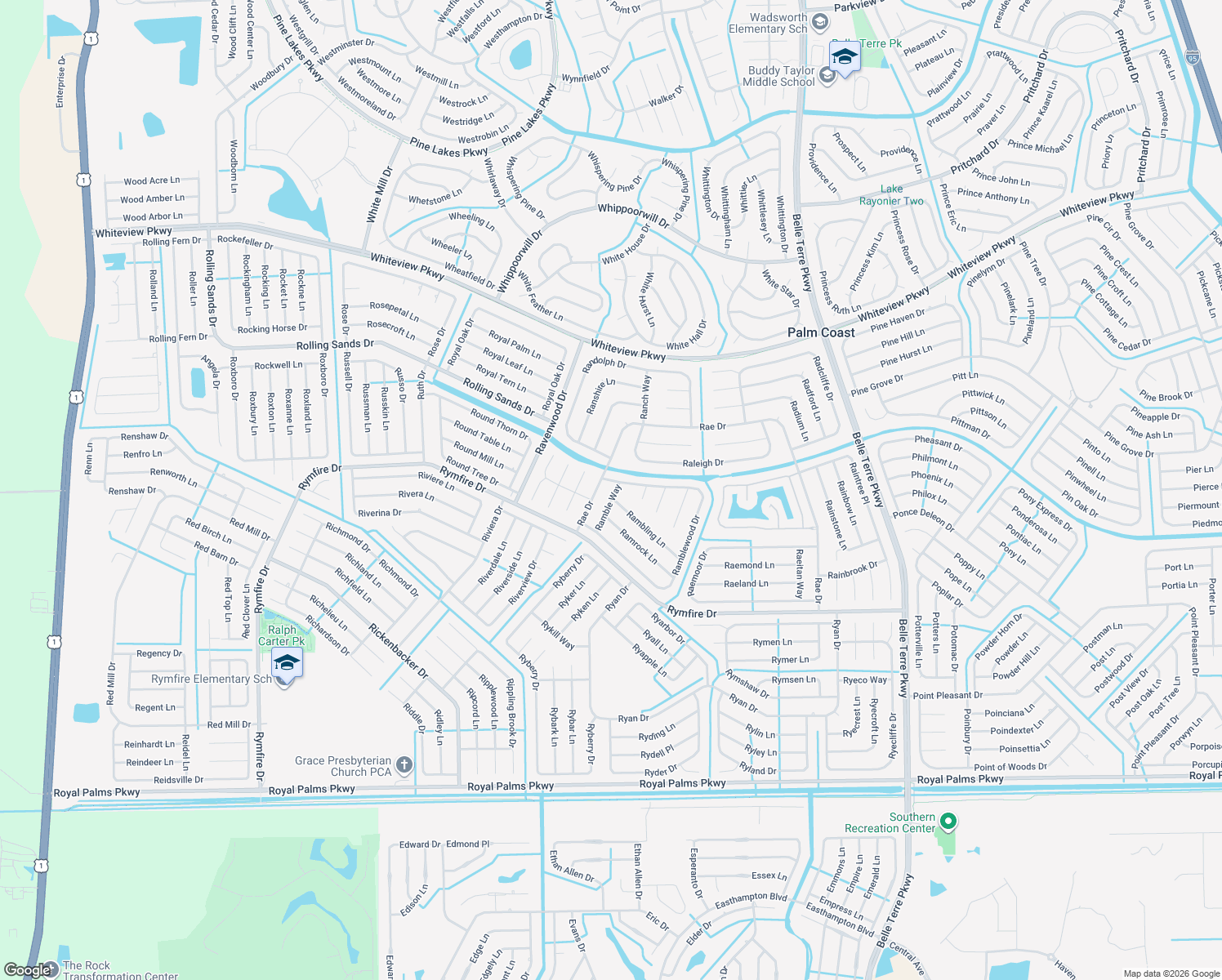 map of restaurants, bars, coffee shops, grocery stores, and more near 17 Ramble Way in Palm Coast