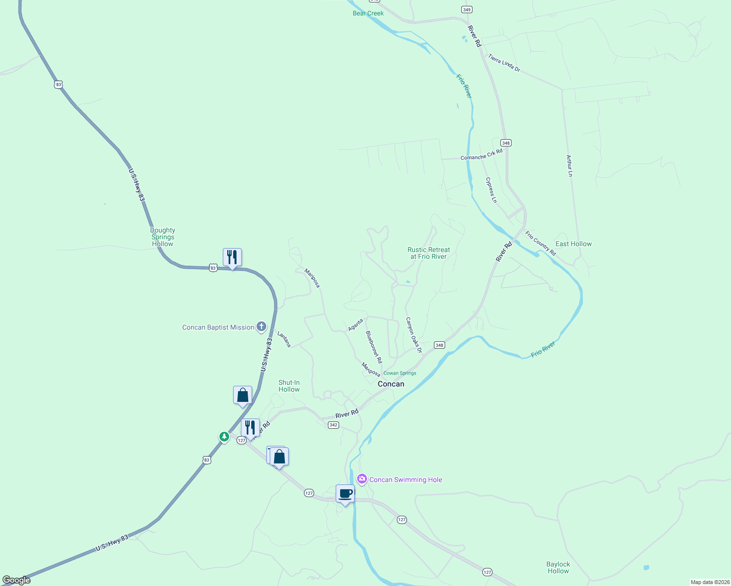 map of restaurants, bars, coffee shops, grocery stores, and more near 555 Agarita in Concan