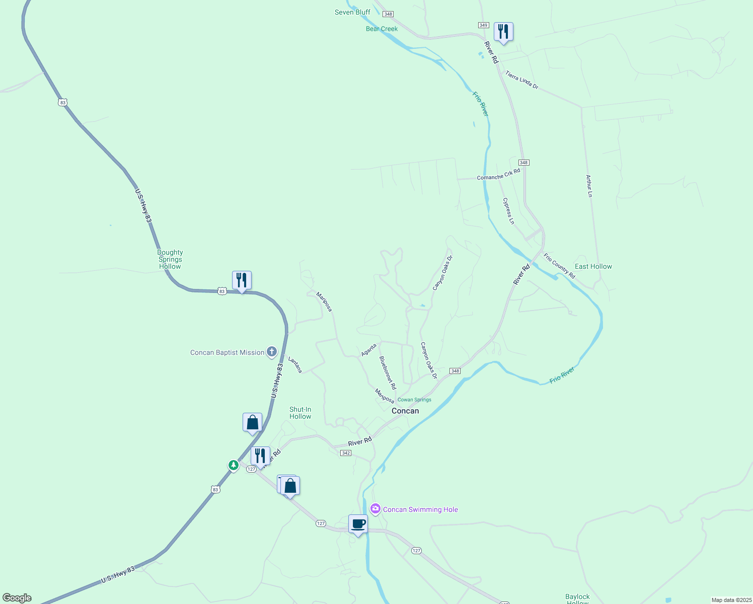 map of restaurants, bars, coffee shops, grocery stores, and more near 644 Bluebonnet Road in Concan