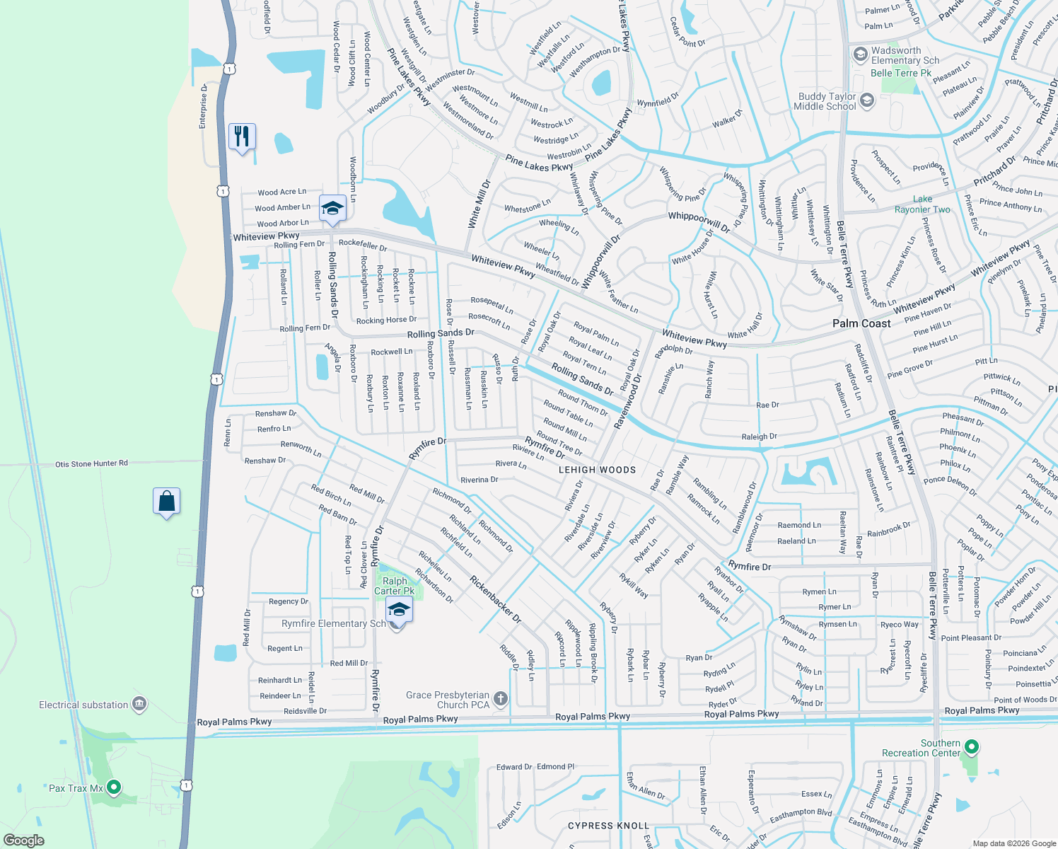 map of restaurants, bars, coffee shops, grocery stores, and more near 22 Round Tree Drive in Palm Coast