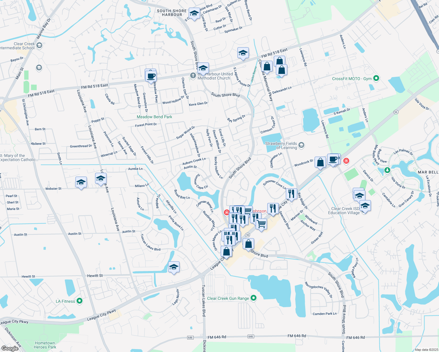 map of restaurants, bars, coffee shops, grocery stores, and more near 603 Rocky Hollow Lane in League City