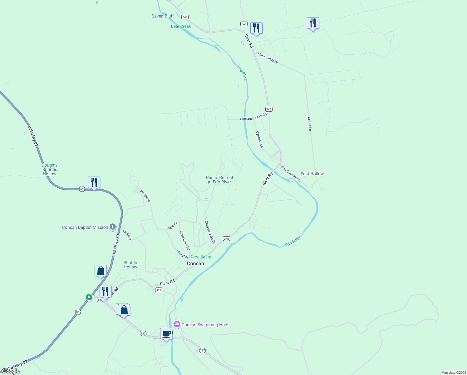 map of restaurants, bars, coffee shops, grocery stores, and more near 552 Cat Claw Mountain Road in Concan