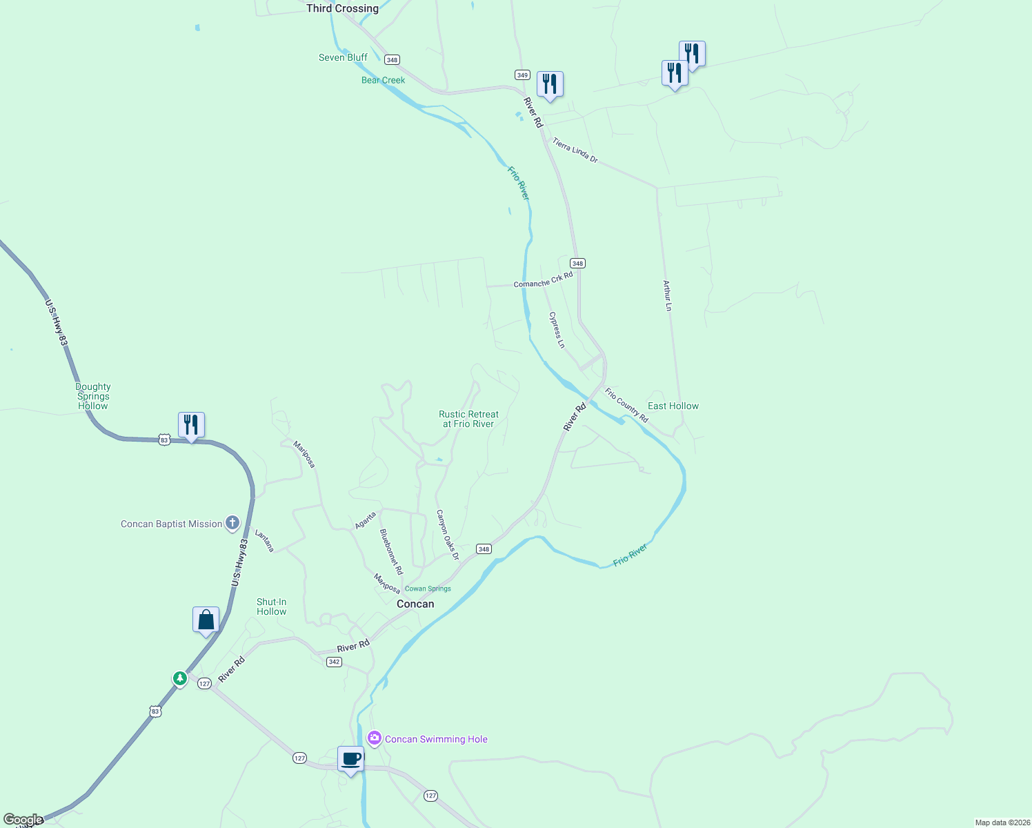 map of restaurants, bars, coffee shops, grocery stores, and more near 644 Bluebonnet Road in Concan