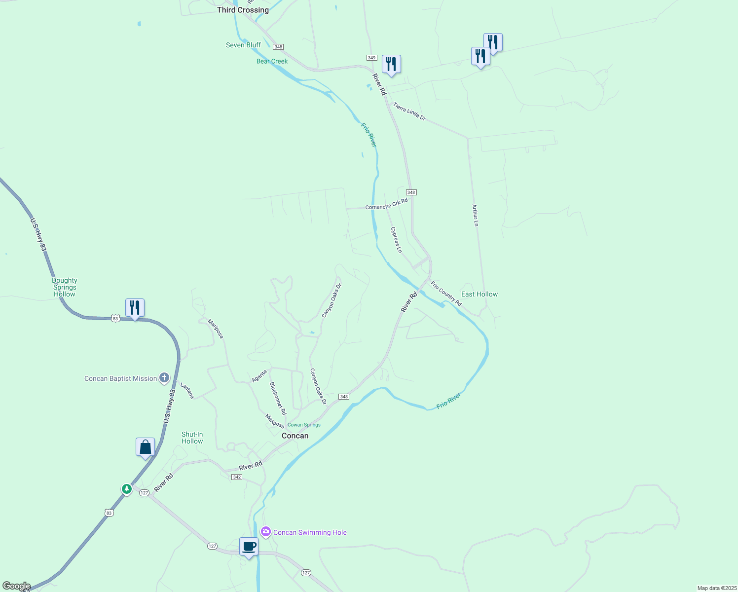 map of restaurants, bars, coffee shops, grocery stores, and more near 644 Bluebonnet Road in Concan