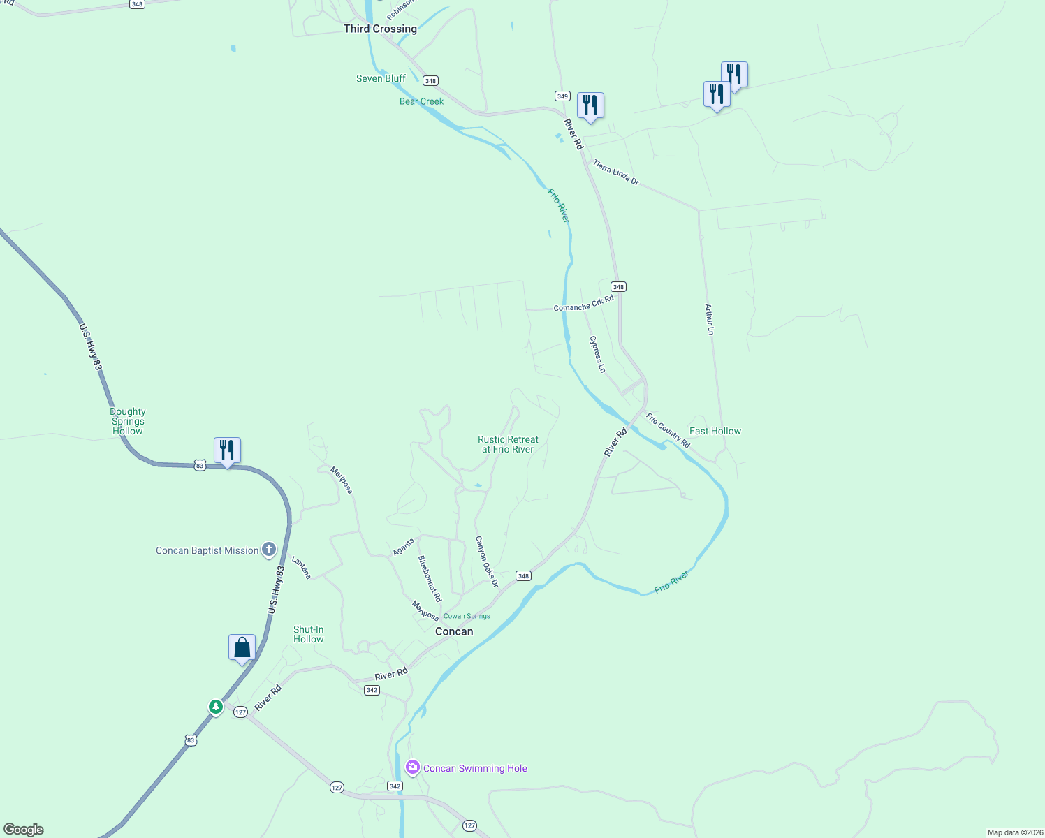 map of restaurants, bars, coffee shops, grocery stores, and more near 538 Canyon Oaks Drive in Concan