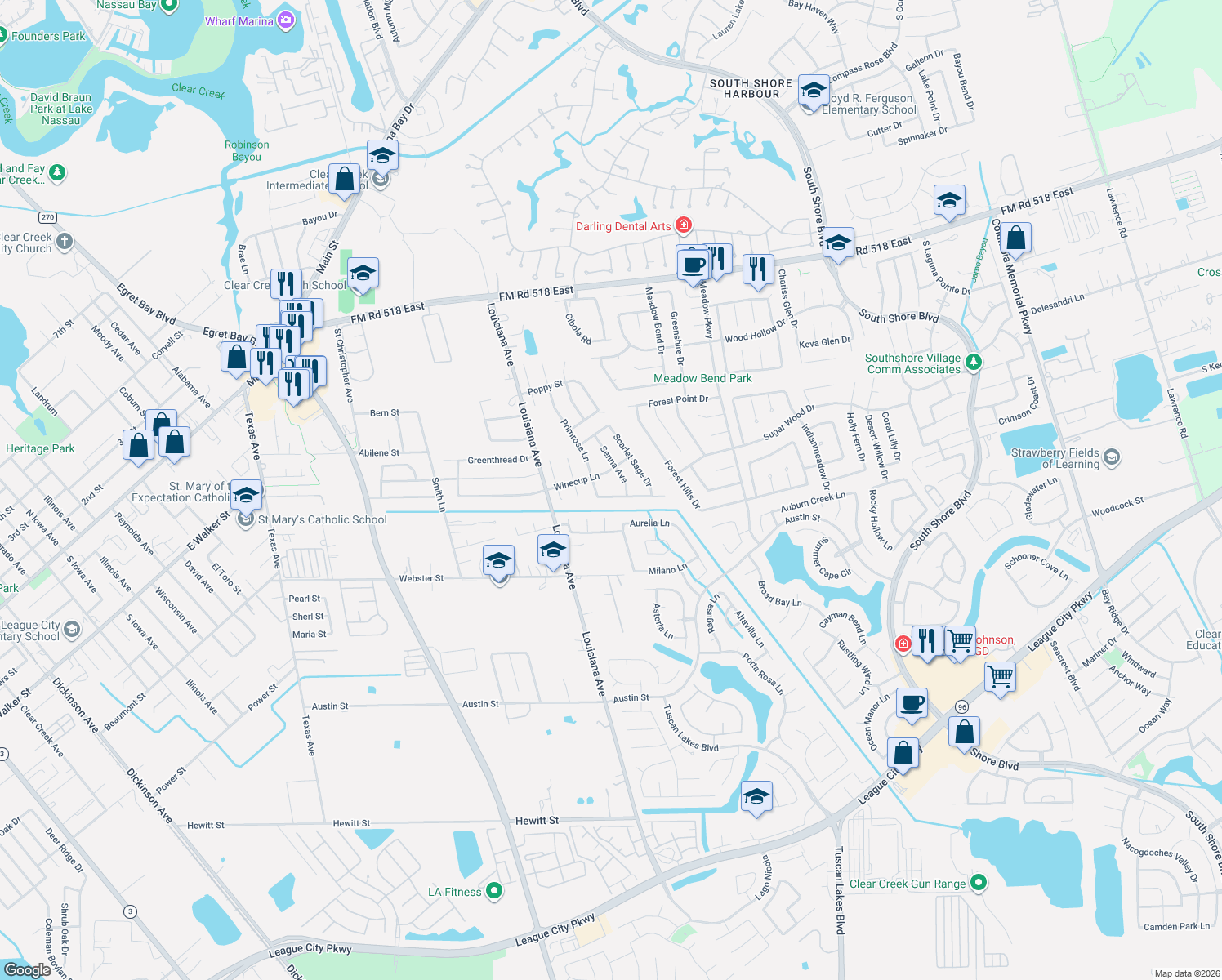 map of restaurants, bars, coffee shops, grocery stores, and more near 2508 Purple Horse Drive in League City