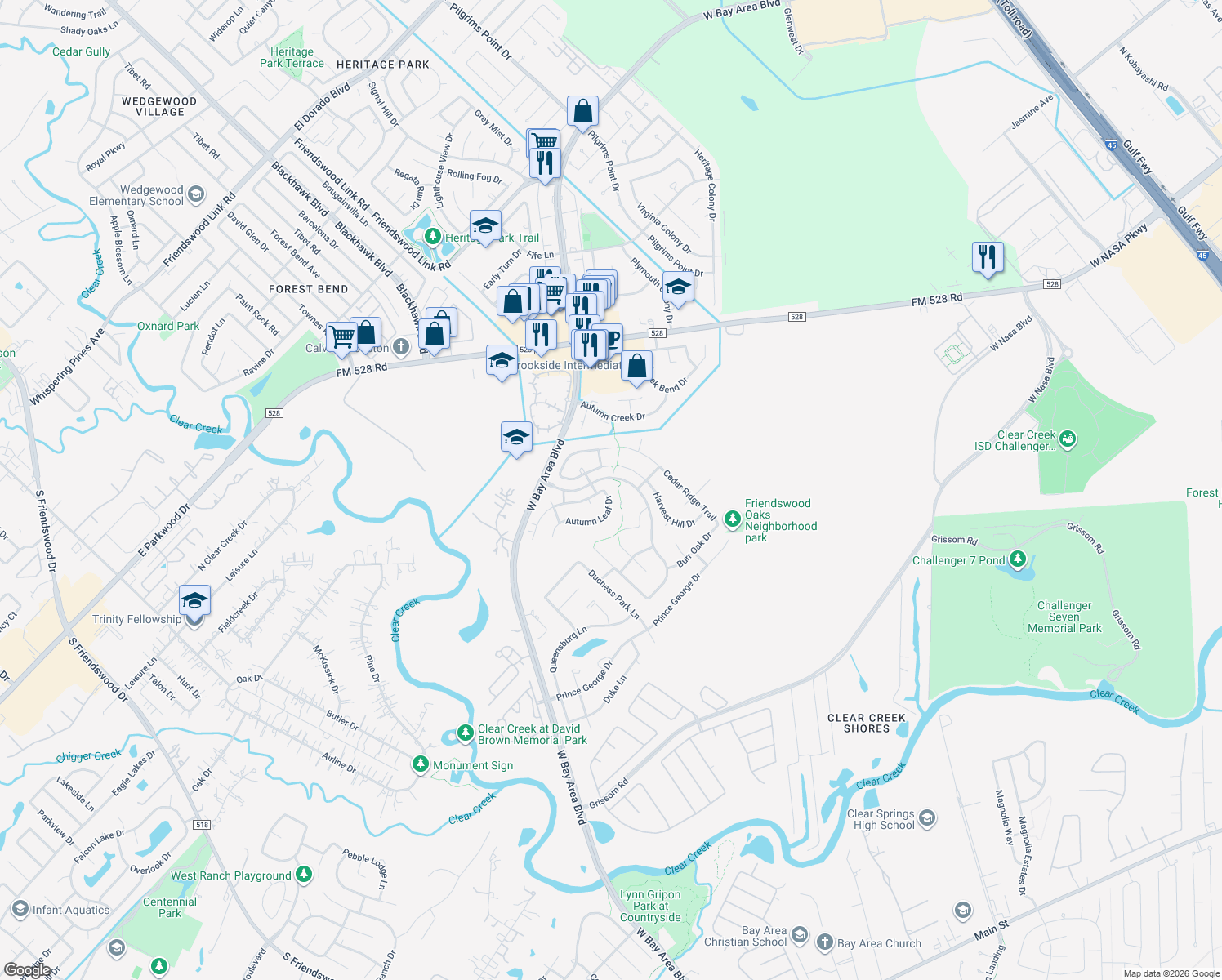 map of restaurants, bars, coffee shops, grocery stores, and more near 3102 Autumn Leaf Drive in Friendswood