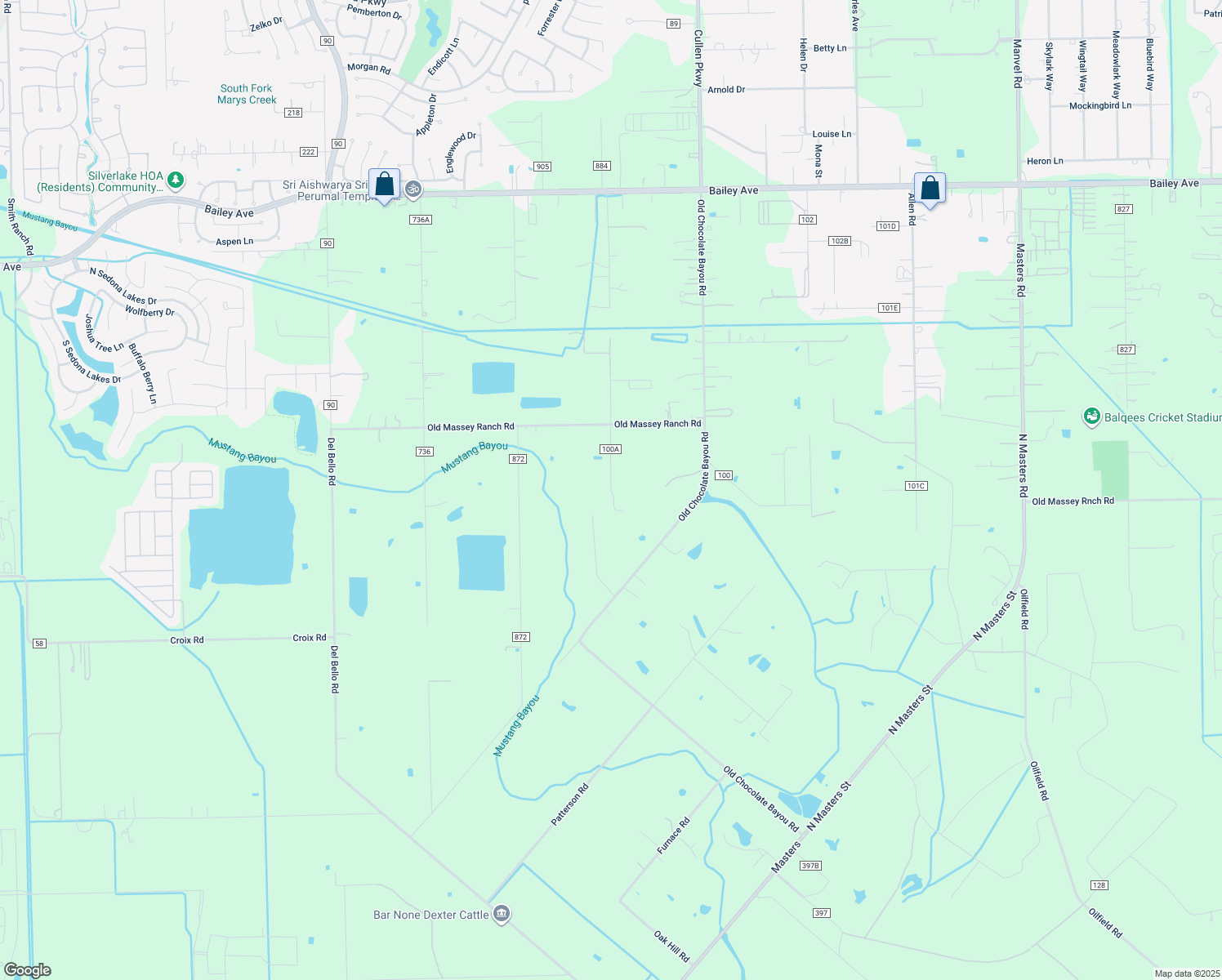 map of restaurants, bars, coffee shops, grocery stores, and more near 4506 County Road 100A in Manvel