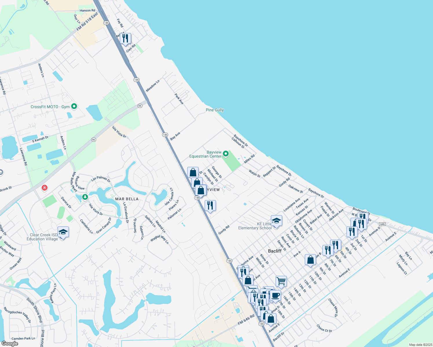 map of restaurants, bars, coffee shops, grocery stores, and more near 3104 George St in Bacliff