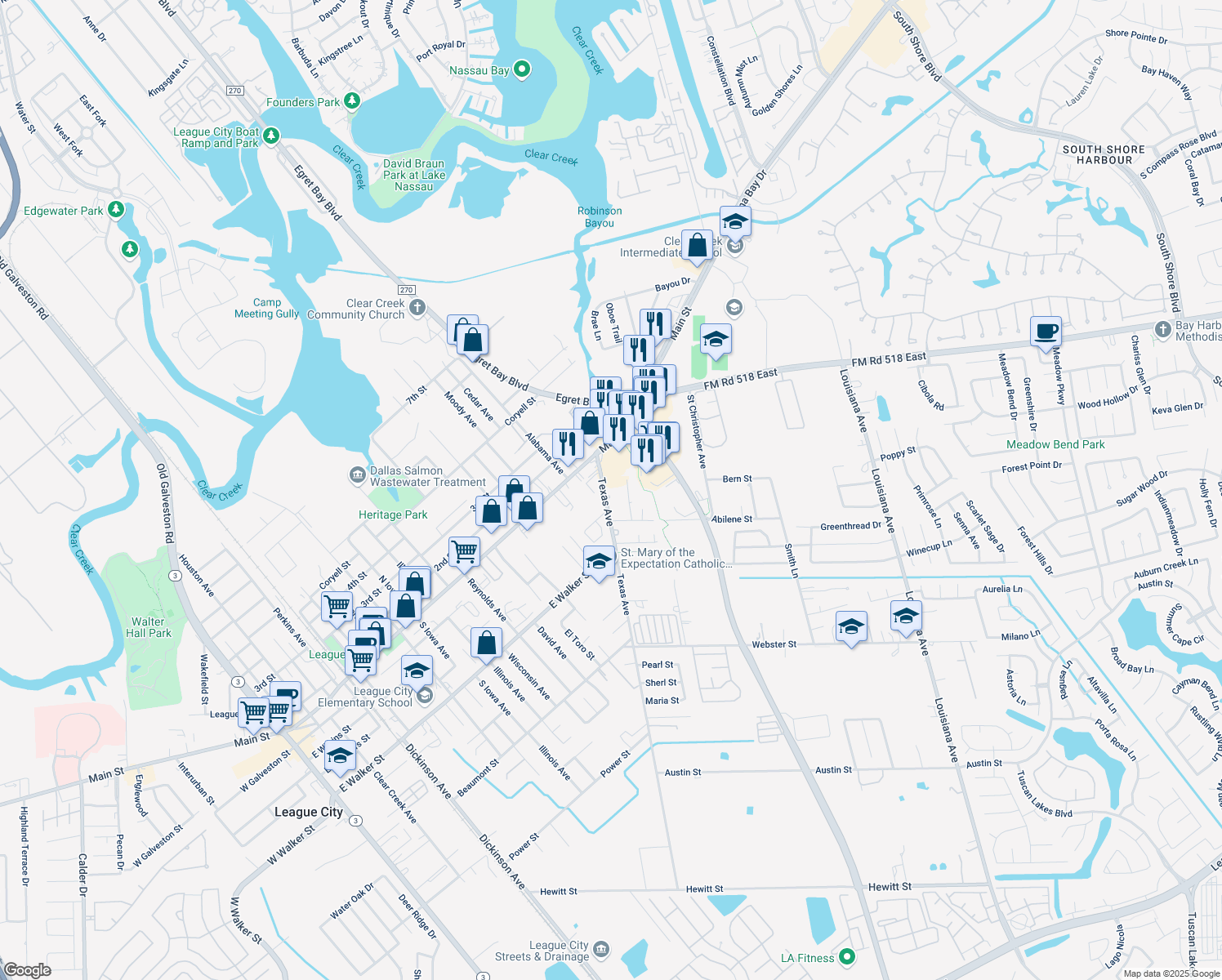 map of restaurants, bars, coffee shops, grocery stores, and more near 114 Texas Avenue in League City