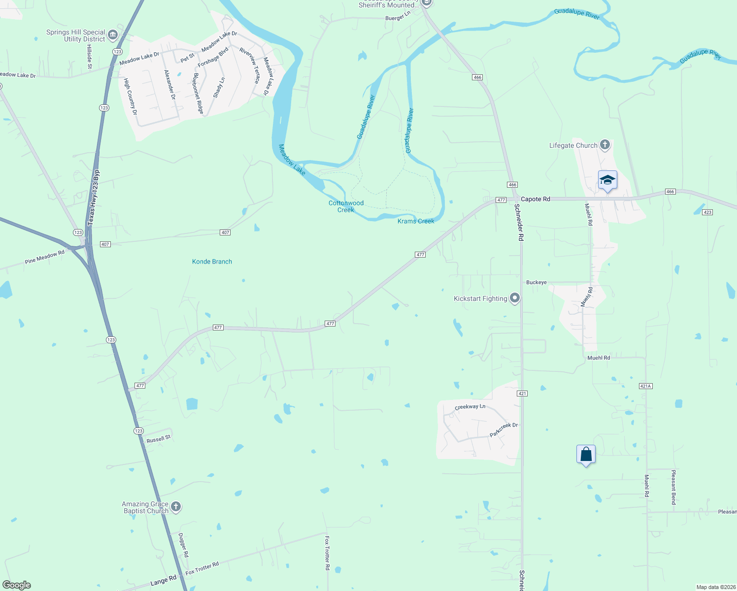 map of restaurants, bars, coffee shops, grocery stores, and more near 1505 Farm to Market Road 477 in Seguin