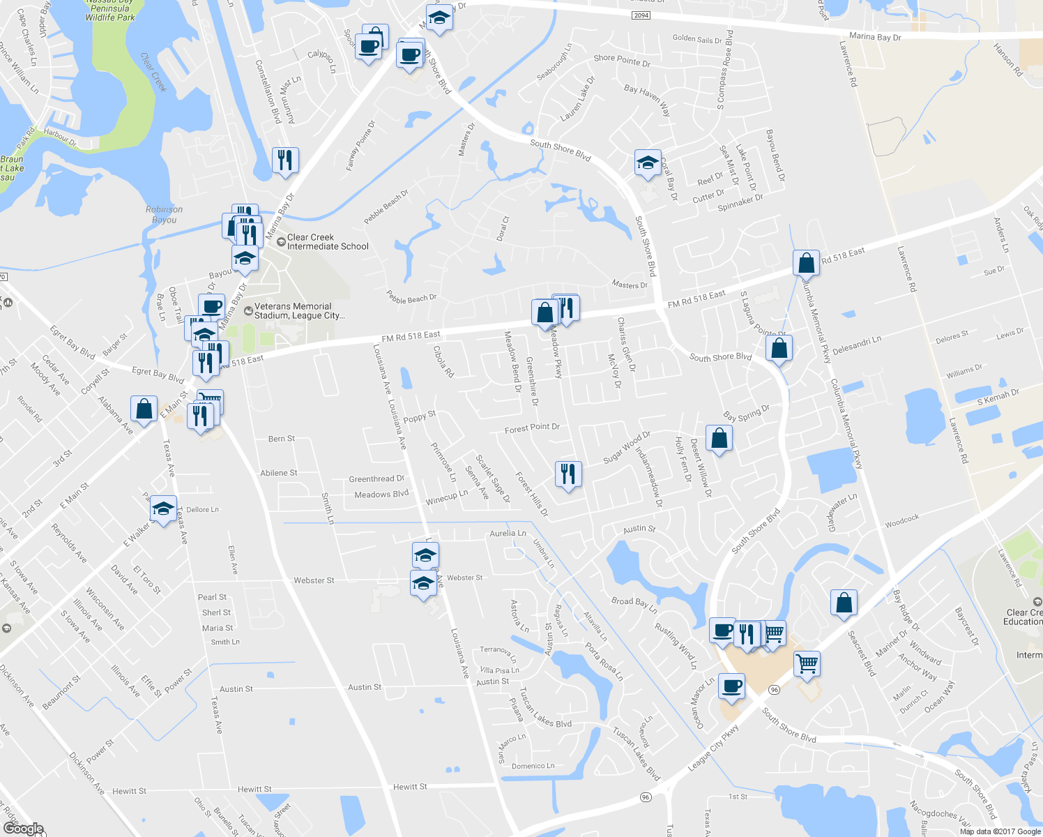 map of restaurants, bars, coffee shops, grocery stores, and more near 2799 Glen Haven Dr in League City
