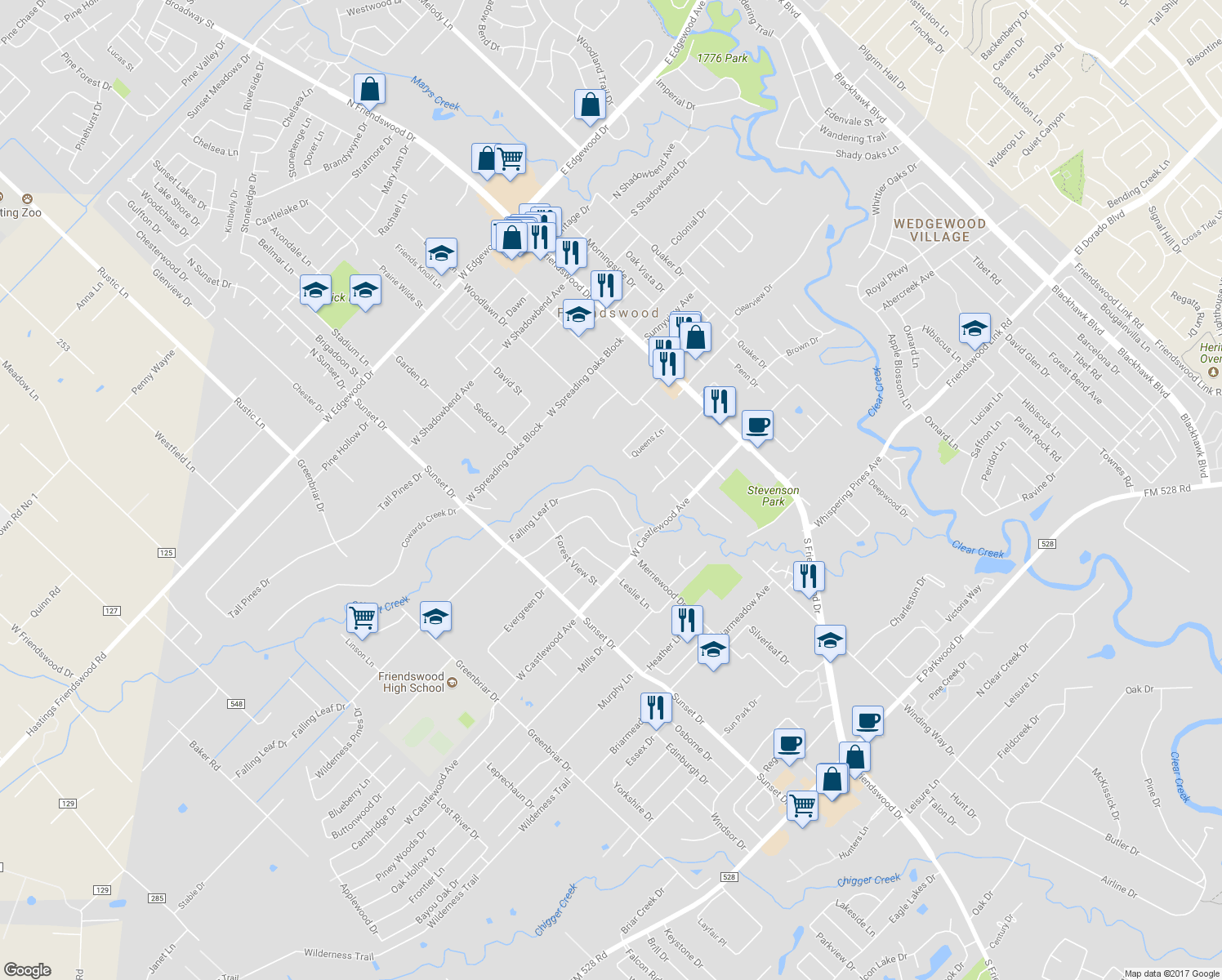map of restaurants, bars, coffee shops, grocery stores, and more near 412 Falling Leaf Drive in Friendswood