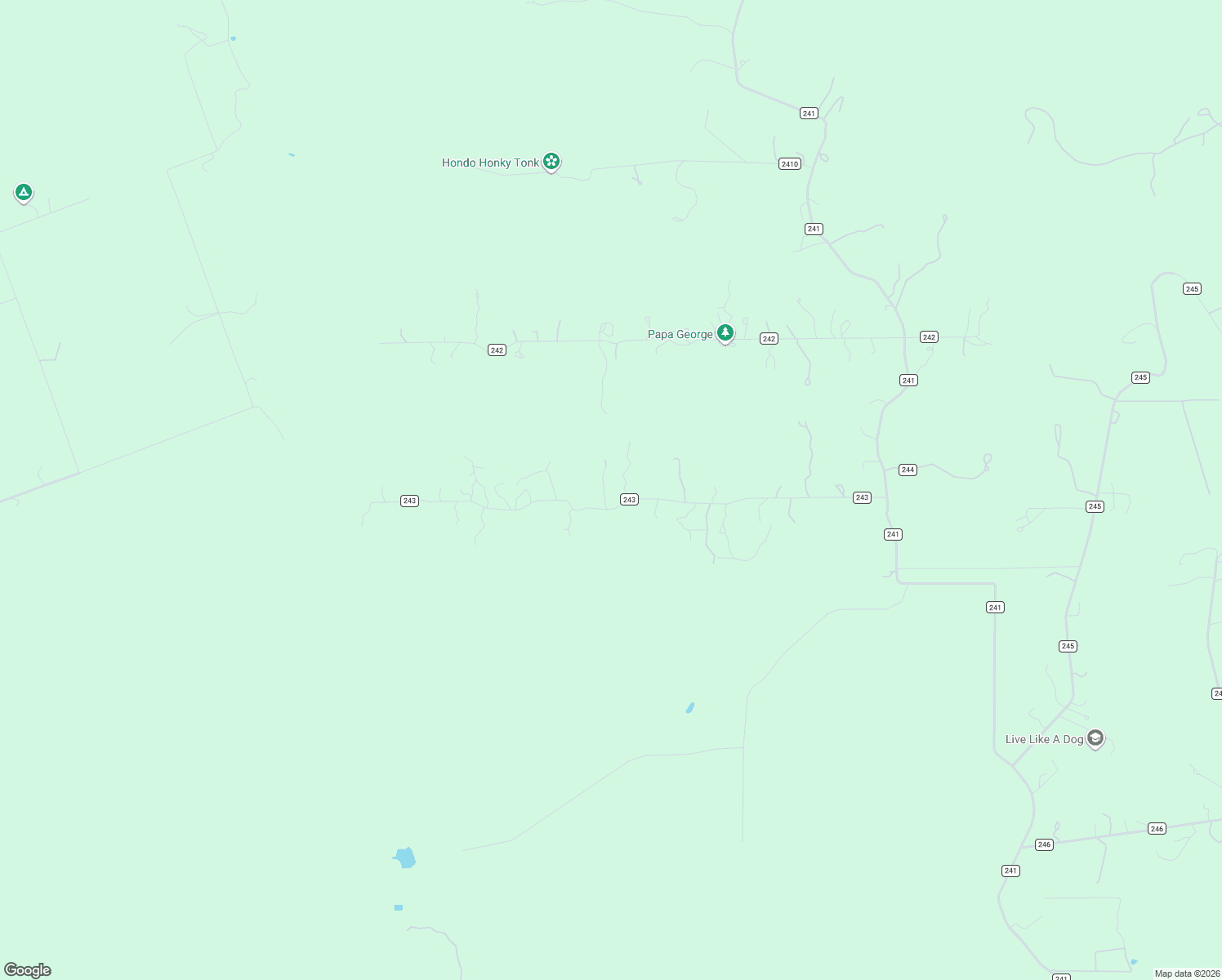 map of restaurants, bars, coffee shops, grocery stores, and more near 558 County Road 243 in Hondo