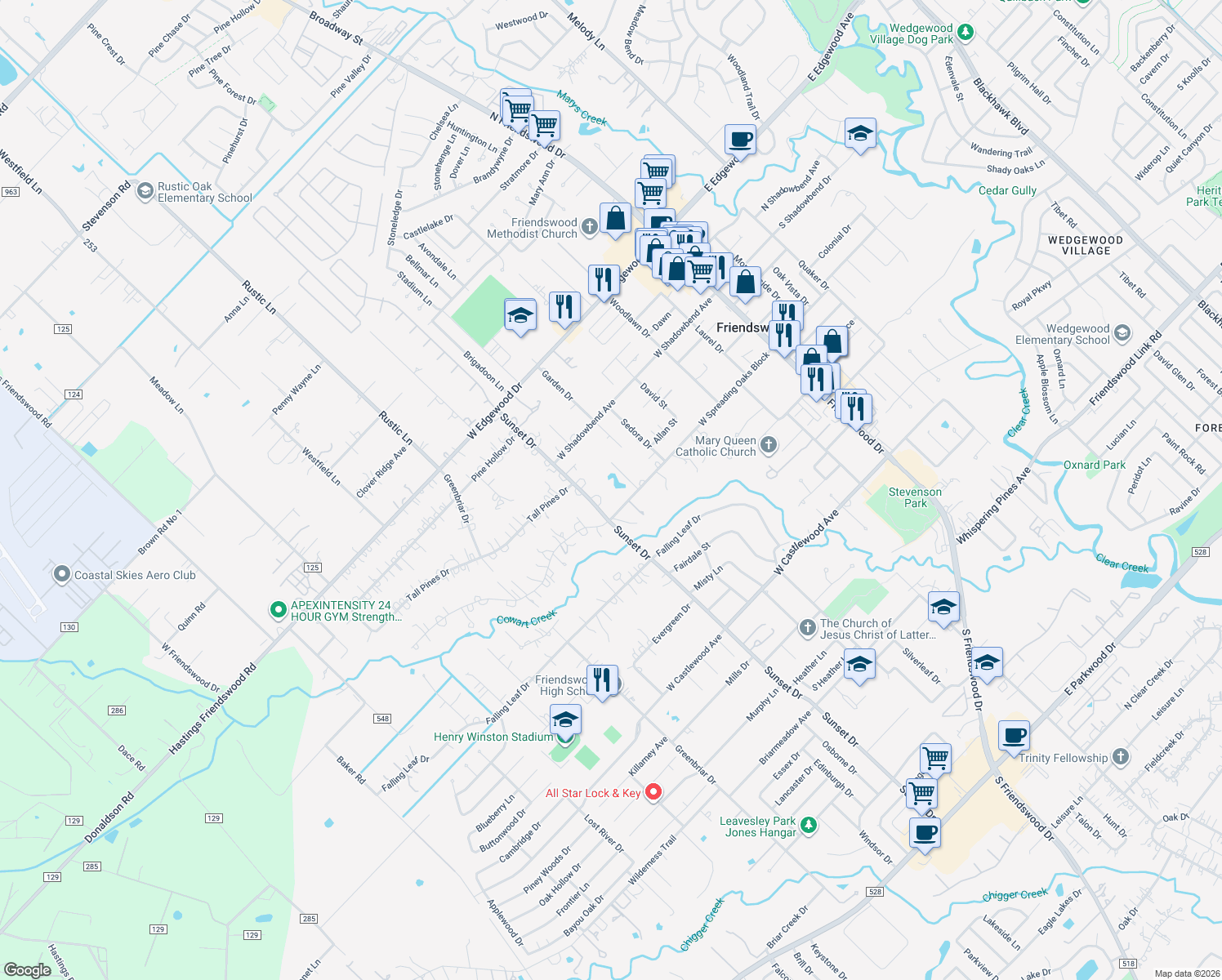 map of restaurants, bars, coffee shops, grocery stores, and more near 403 Sunset Drive in Friendswood