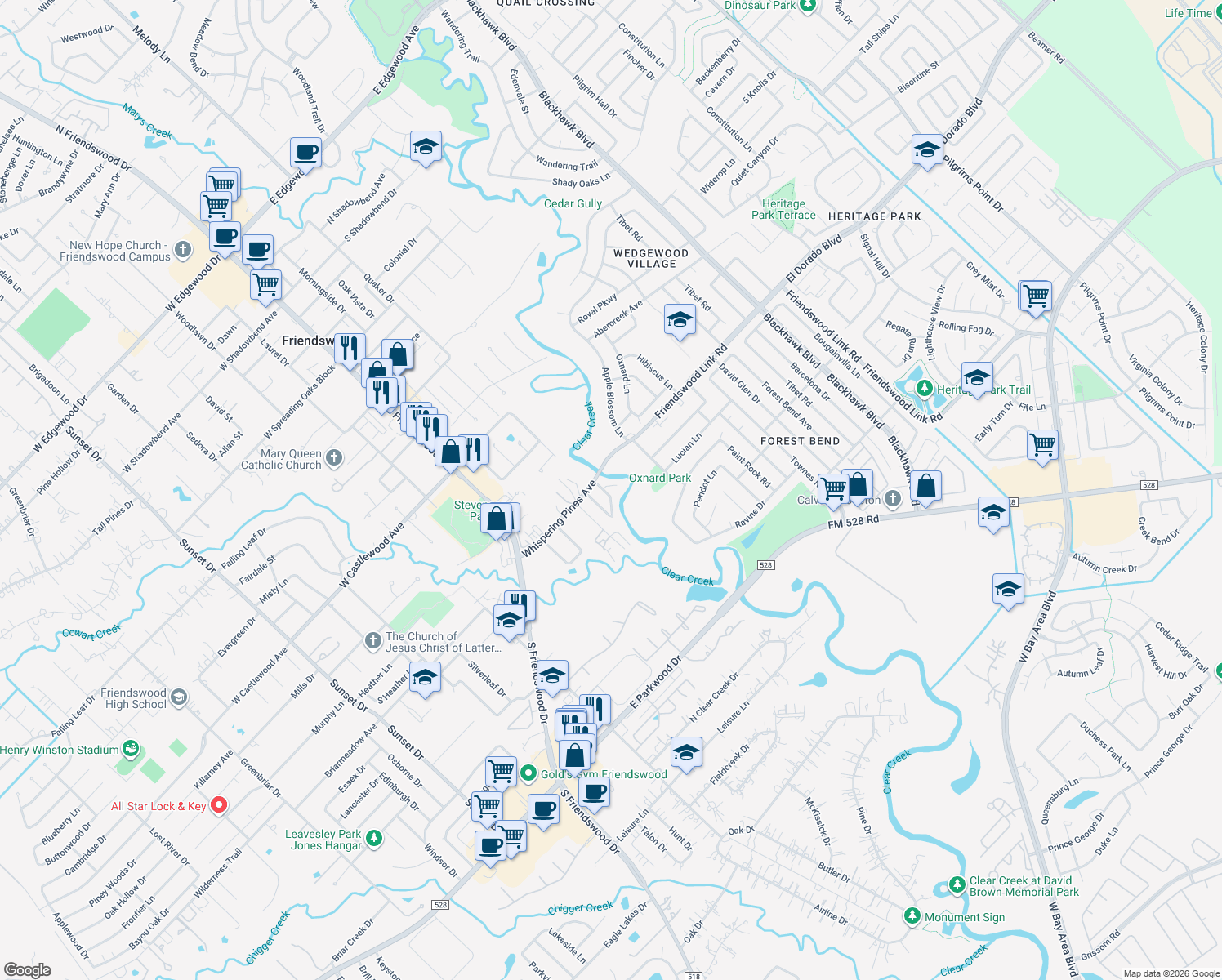 map of restaurants, bars, coffee shops, grocery stores, and more near 1203 Minglewood Lane in Friendswood