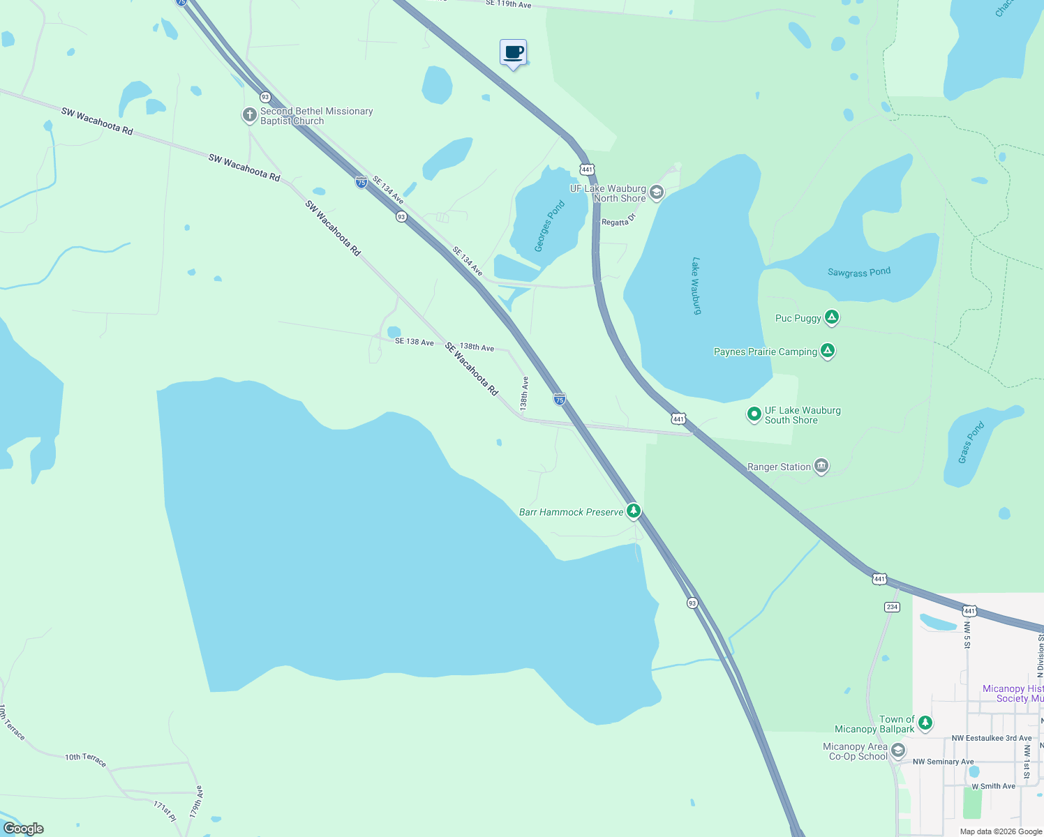 map of restaurants, bars, coffee shops, grocery stores, and more near 113 South West Wacahoota Road in Micanopy