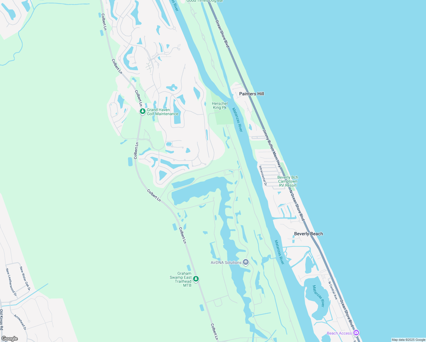 map of restaurants, bars, coffee shops, grocery stores, and more near 105 Emerald Lake Drive in Palm Coast