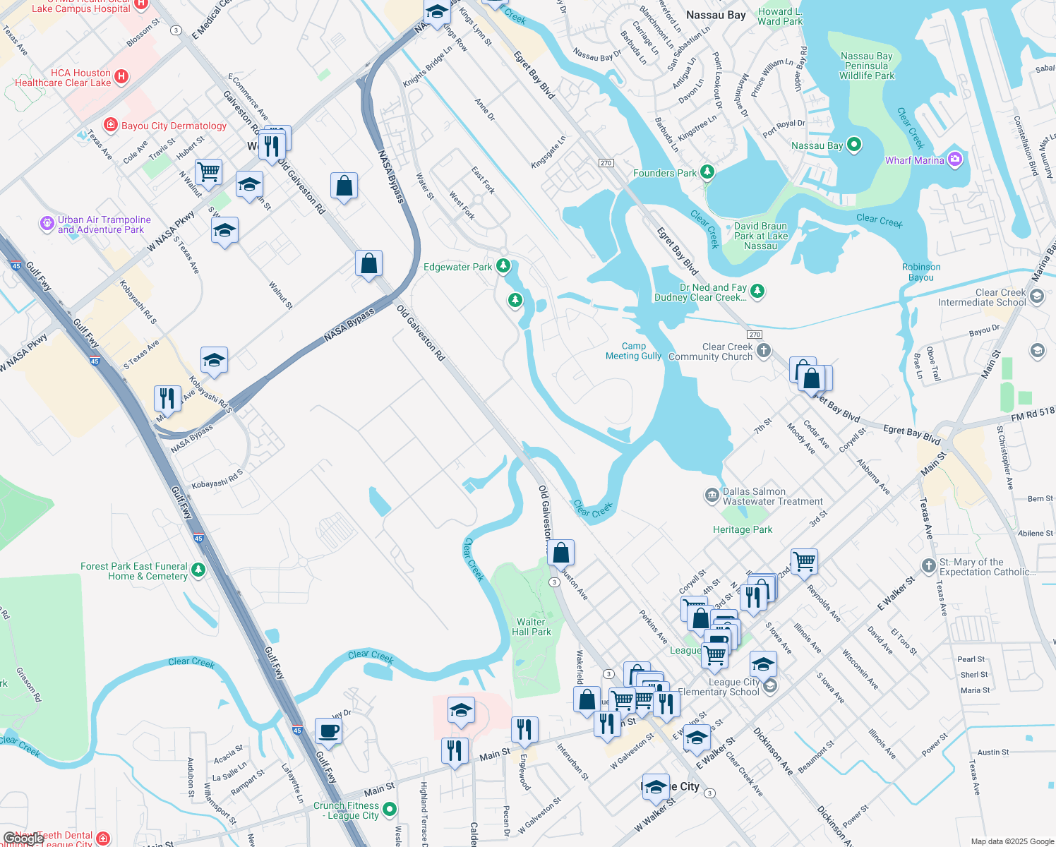 map of restaurants, bars, coffee shops, grocery stores, and more near 19510 Old Galveston Road in Webster