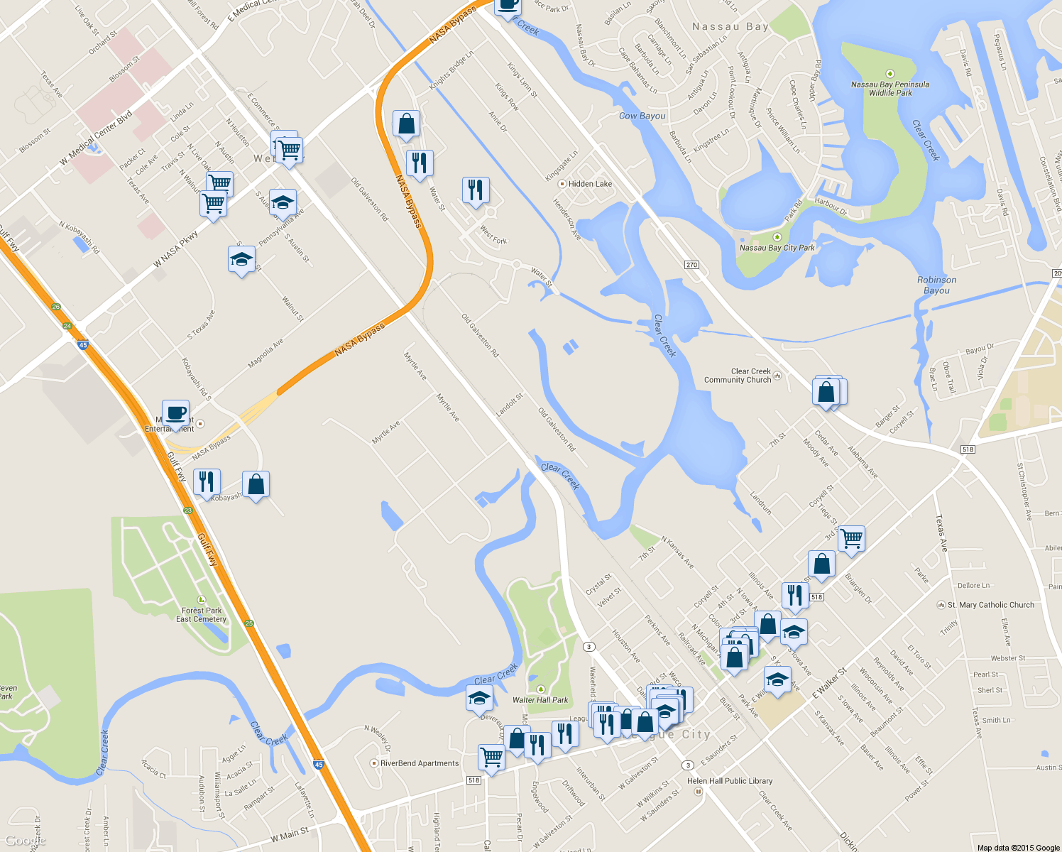 map of restaurants, bars, coffee shops, grocery stores, and more near 19502 Old Galveston Road in Webster