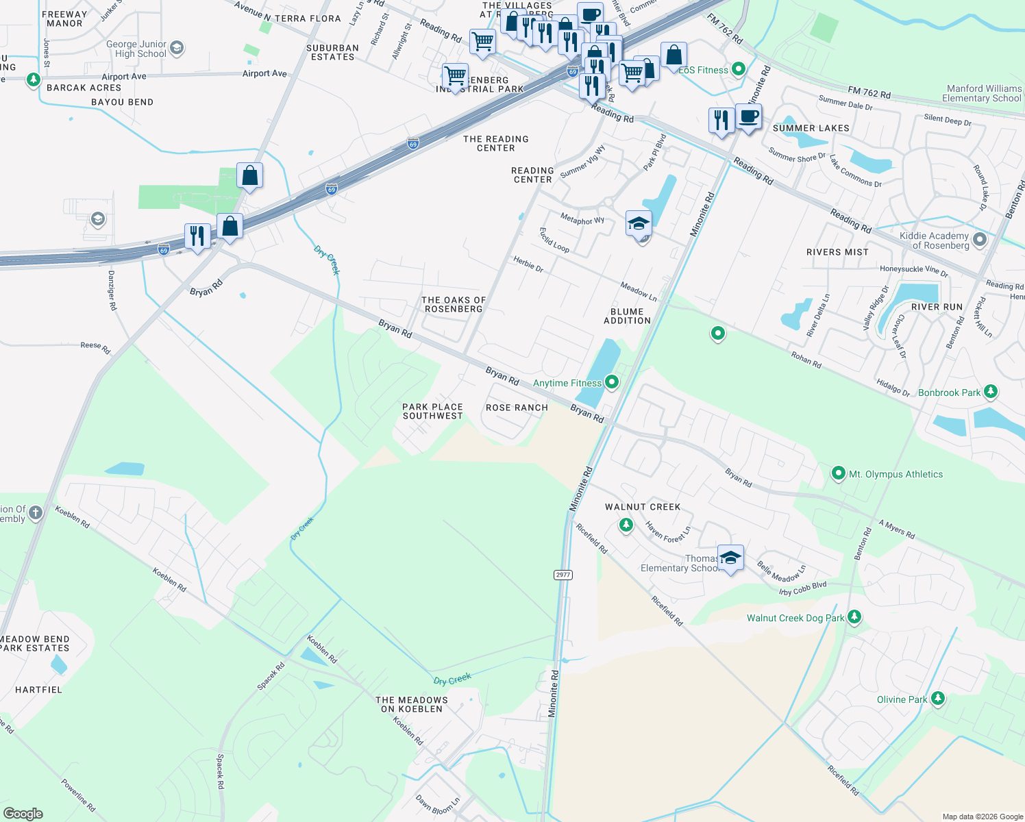 map of restaurants, bars, coffee shops, grocery stores, and more near 6006 Wildbriar Lane in Richmond
