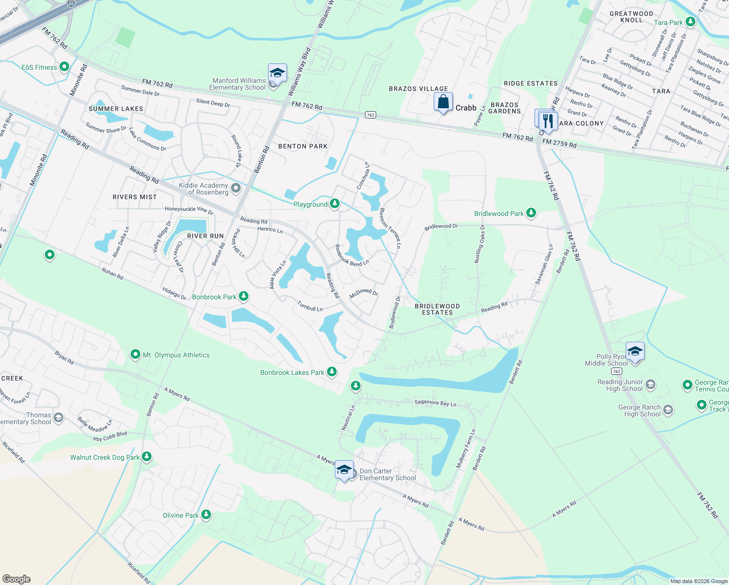 map of restaurants, bars, coffee shops, grocery stores, and more near 9506 McDowell Drive in Rosenberg