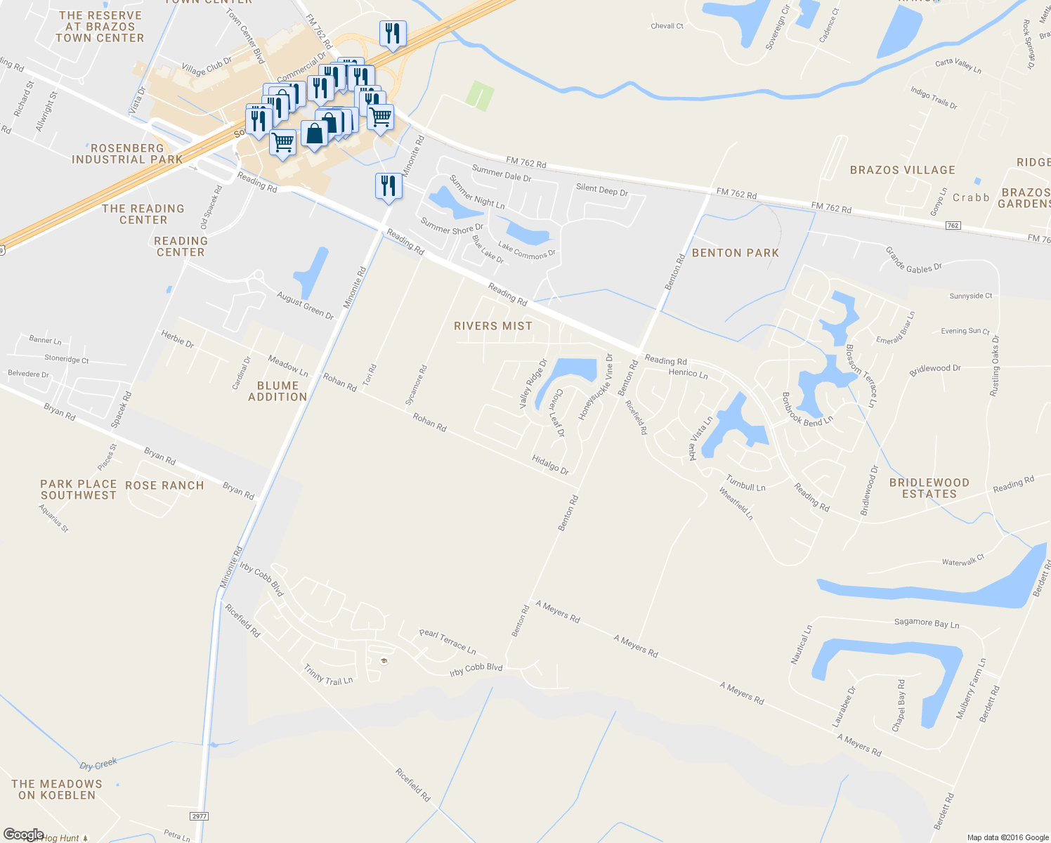 map of restaurants, bars, coffee shops, grocery stores, and more near 1015 Cloud Croft Lane in Rosenberg