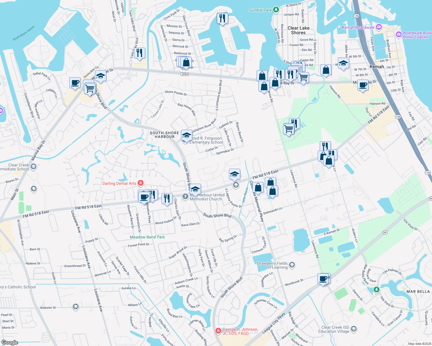 map of restaurants, bars, coffee shops, grocery stores, and more near 2025 Pembroke Bay Drive in League City