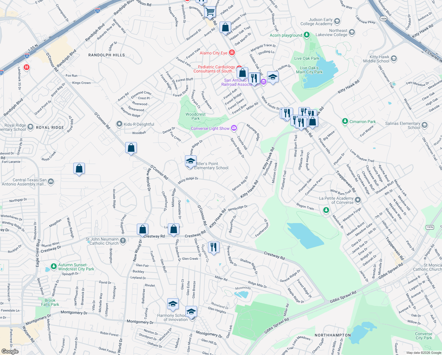 map of restaurants, bars, coffee shops, grocery stores, and more near 7214 Frontier Ridge Drive in Converse